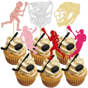 Gyufise 24Pcs Lacrosse Cupcake Toppers Glitter Lacrosse Party Decorations Lacrosse Player Cupcake Picks for Lacrosse Sport Baby 