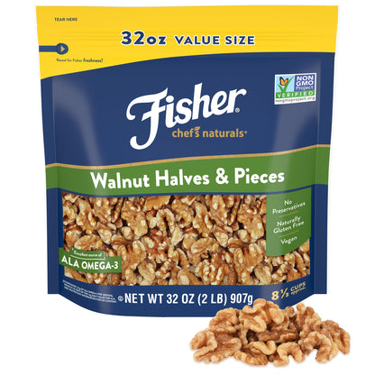 Fisher Chefs Naturals Walnut Halves & Pieces 2 lb, 100% California Unsalted Walnuts for Baking & Cooking, Healthy Snacks for Ad