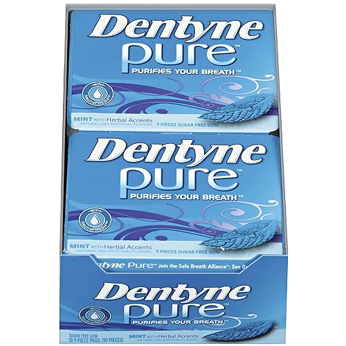 Dentyne Pure Mint With Herbal Accents Sugar Free Gum, 10 Packs Of 9 Pieces (90 Total Pieces)