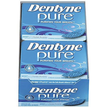 Dentyne Pure Mint With Herbal Accents Sugar Free Gum, 10 Packs Of 9 Pieces (90 Total Pieces)