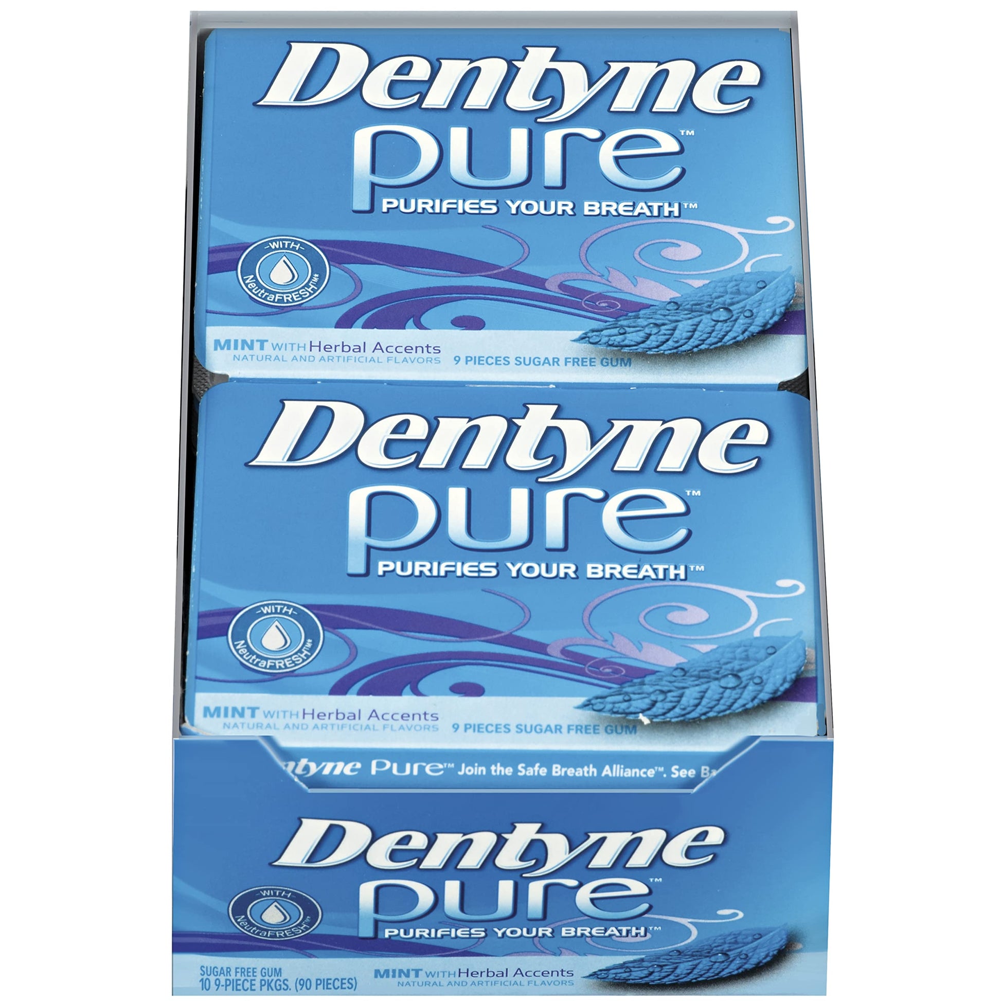 Dentyne Pure Mint With Herbal Accents Sugar Free Gum, 10 Packs Of 9 Pieces (90 Total Pieces)