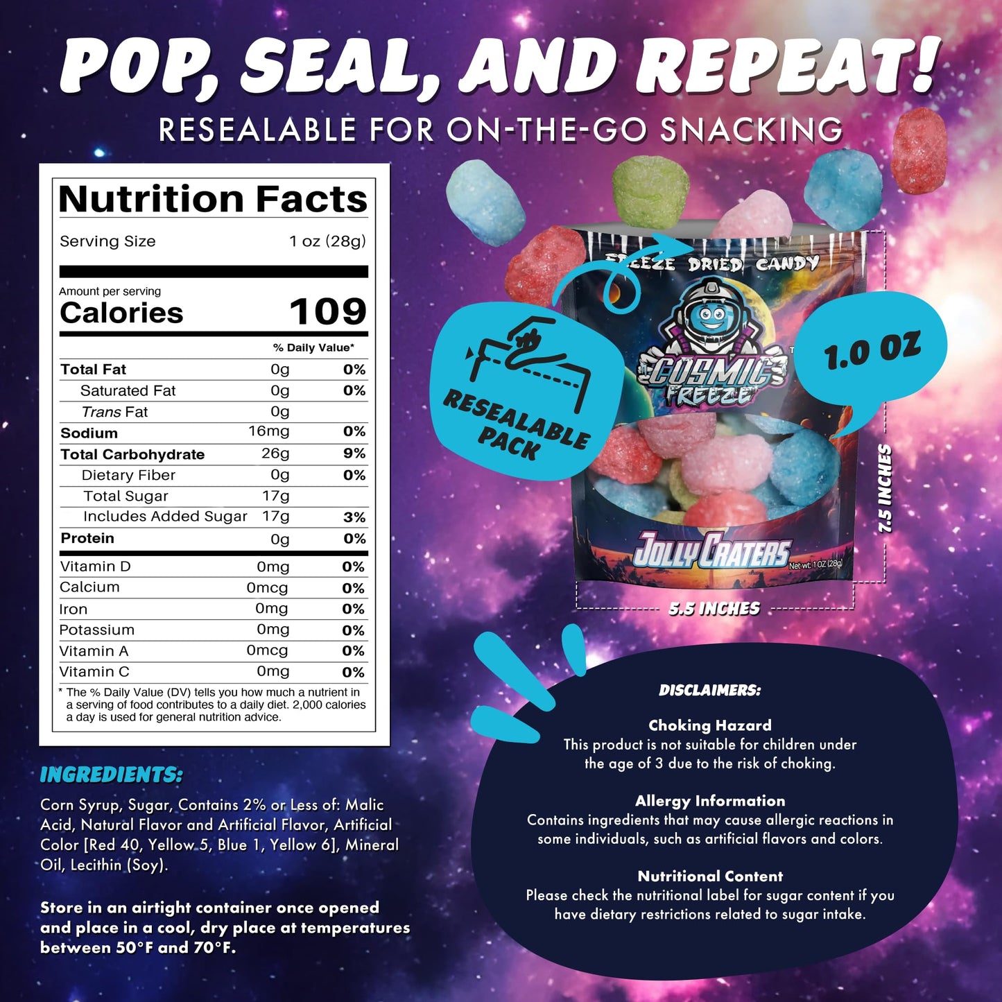 Cosmic Freeze Jolly Craters Dried Candy, Crunchy Dry Candy For Mix-In Snacks Dried, Gluten-Free, Made In Usa, 1.0 Oz, 3-Pack