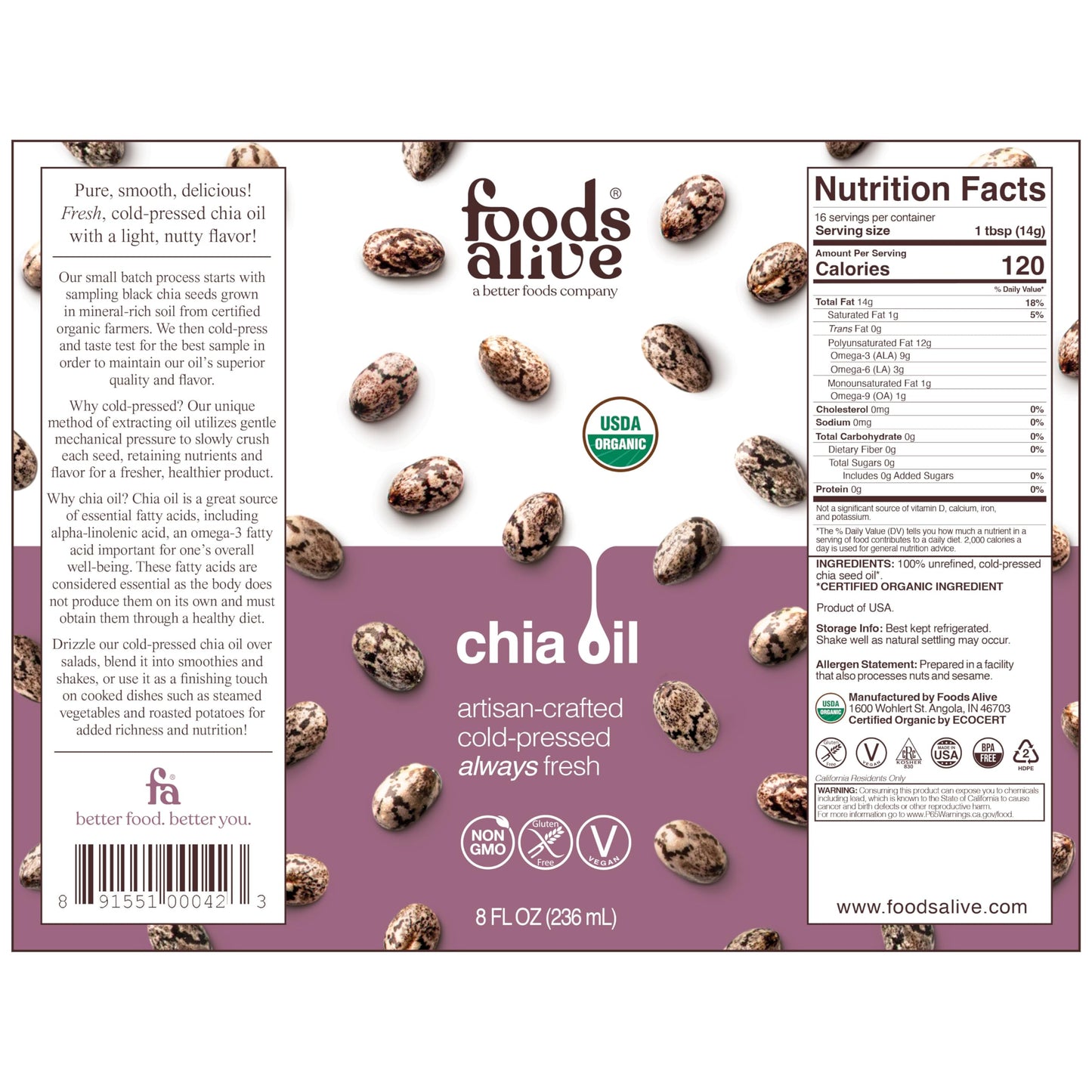 Foods Alive | Organic Chia Oil | 8 Oz