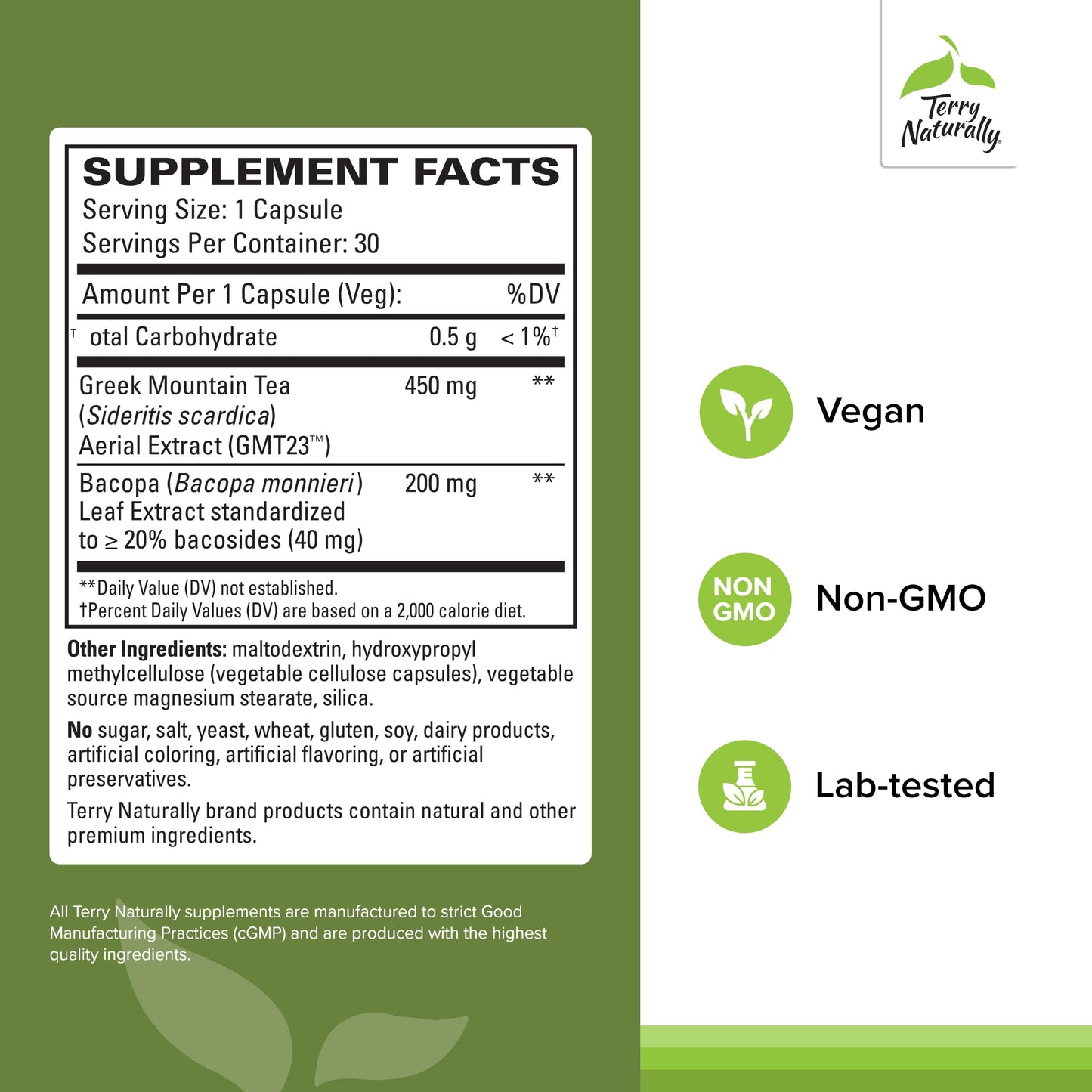 Terry Naturally GMT23 Greek Mountain Tea Plus Bacopa - Dietary dietary product for Focus Support - Brain Health dietary product for Attention to Detail - Herbal dietary product with Antioxidants - 30 Capsules