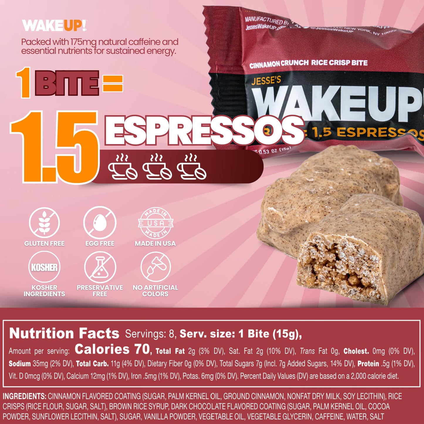 Jesses WakeUP! Cinnamon Crunch Protein Bites - 175mg Caffeine per Bite - Gluten-Free, Vegetarian - 8 Pack