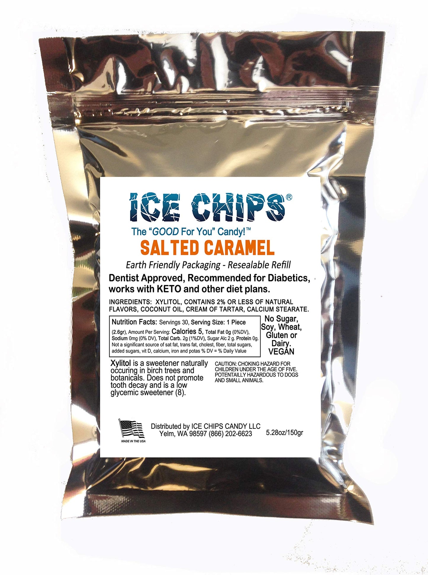 Ice Chips Xylitol Candy In Large 5.28 Oz Resealable Pouch; Low Carb & Gluten Free (Salted Caramel)