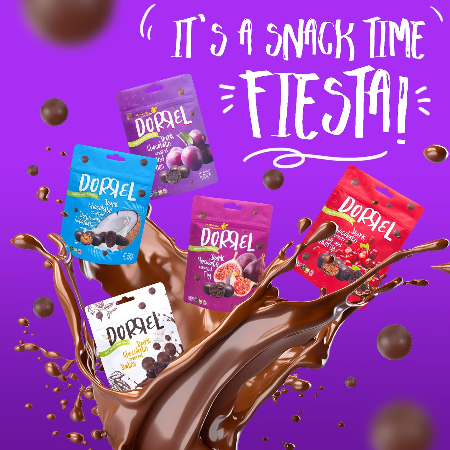 Dorrel Dark Chocolate Covered Dried Prunes - Nutritious And Sweet Snacks - Organic, Vegan - Natural Probiotic - Non-Gmo - Kosher