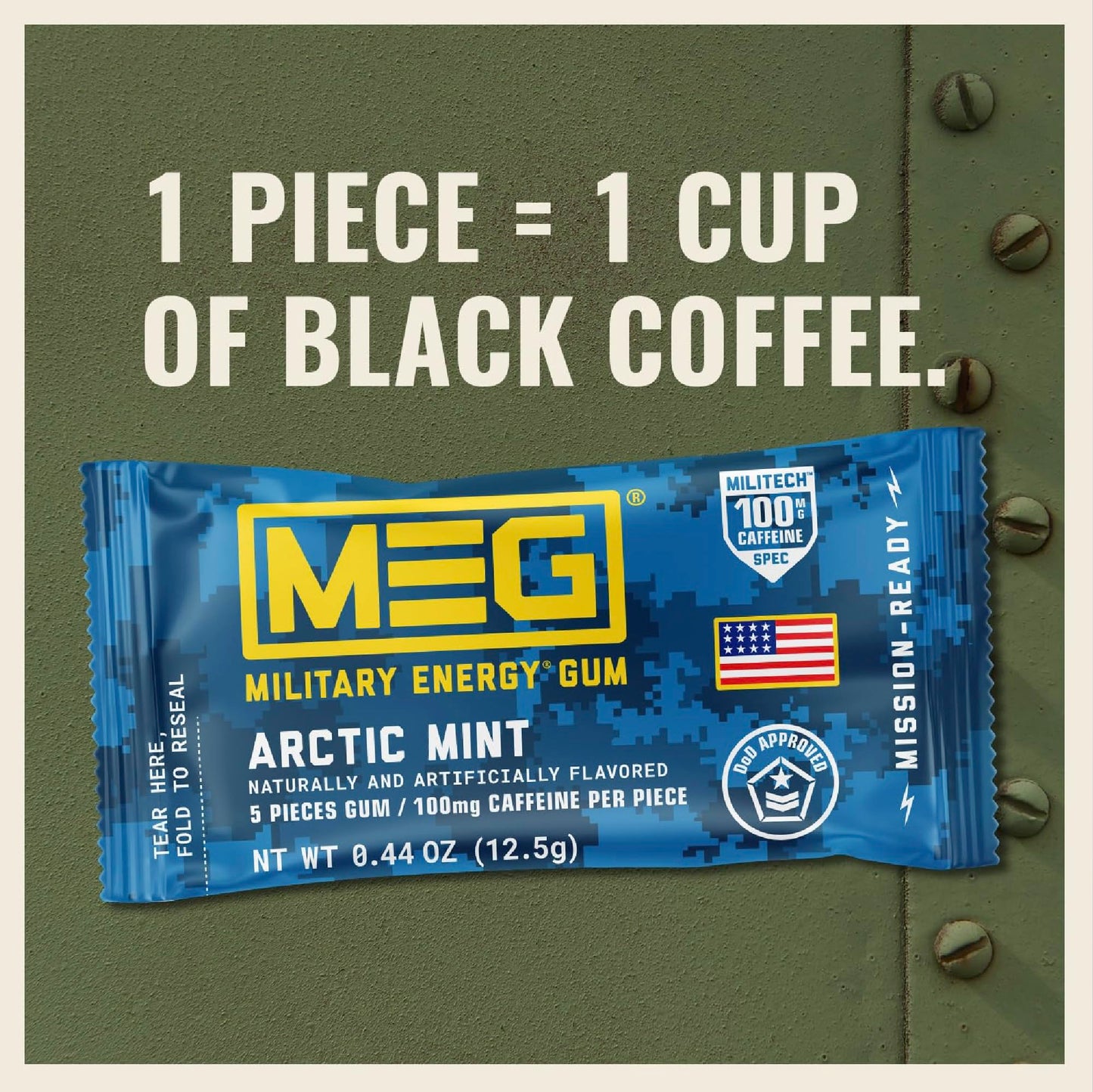 MEG Military Energy Gum - Arctic Mint, 100mg Caffeine per Piece, 8 Pack (40 Count)