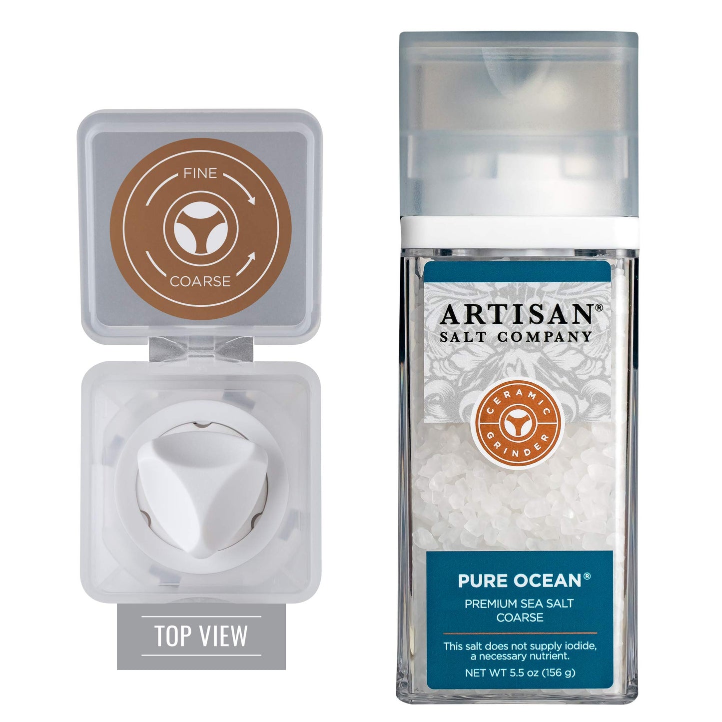 ARTISAN SALT Pure Ocean Sea Salt, Coarse, 5.5 Oz Grinder Jar, White Crystals