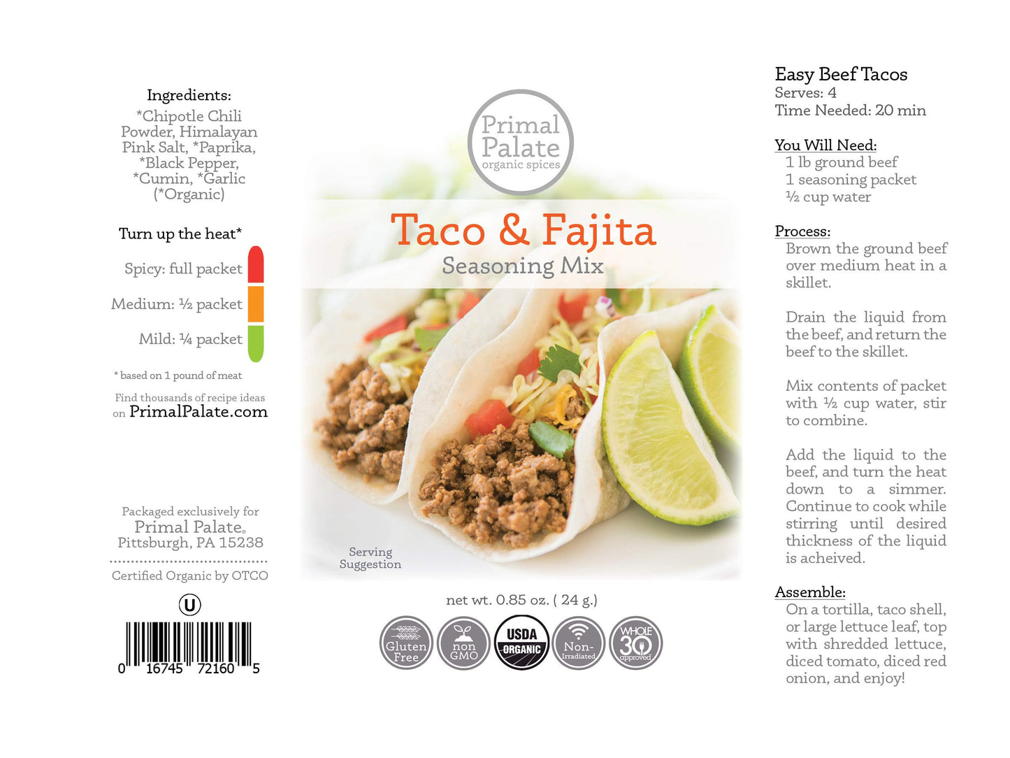 Primal Palate Certified Organic Taco & Fajita Seasoning Mix 0.85 Oz (6 Packets)