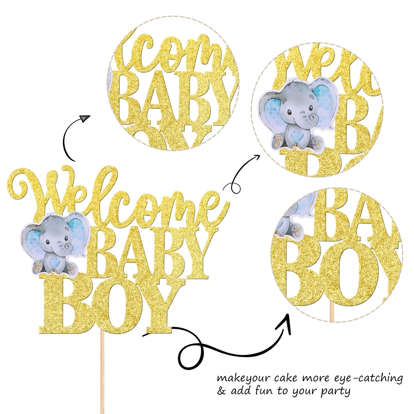 1 Pcs Welcome Baby Boy Cake Topper Glitter Baby Shower Elephant Cake Pick It'S A Boy Cake Decorations For New Born Gender Reveal