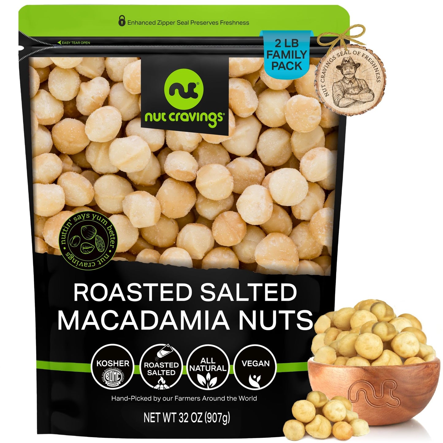 NUT CRAVINGS - Roasted & Salted Macadamia Nuts - No Shell, (32oz - 2 LB) Bulk Nuts Packed Fresh in Resealable Bag - Healthy Prot