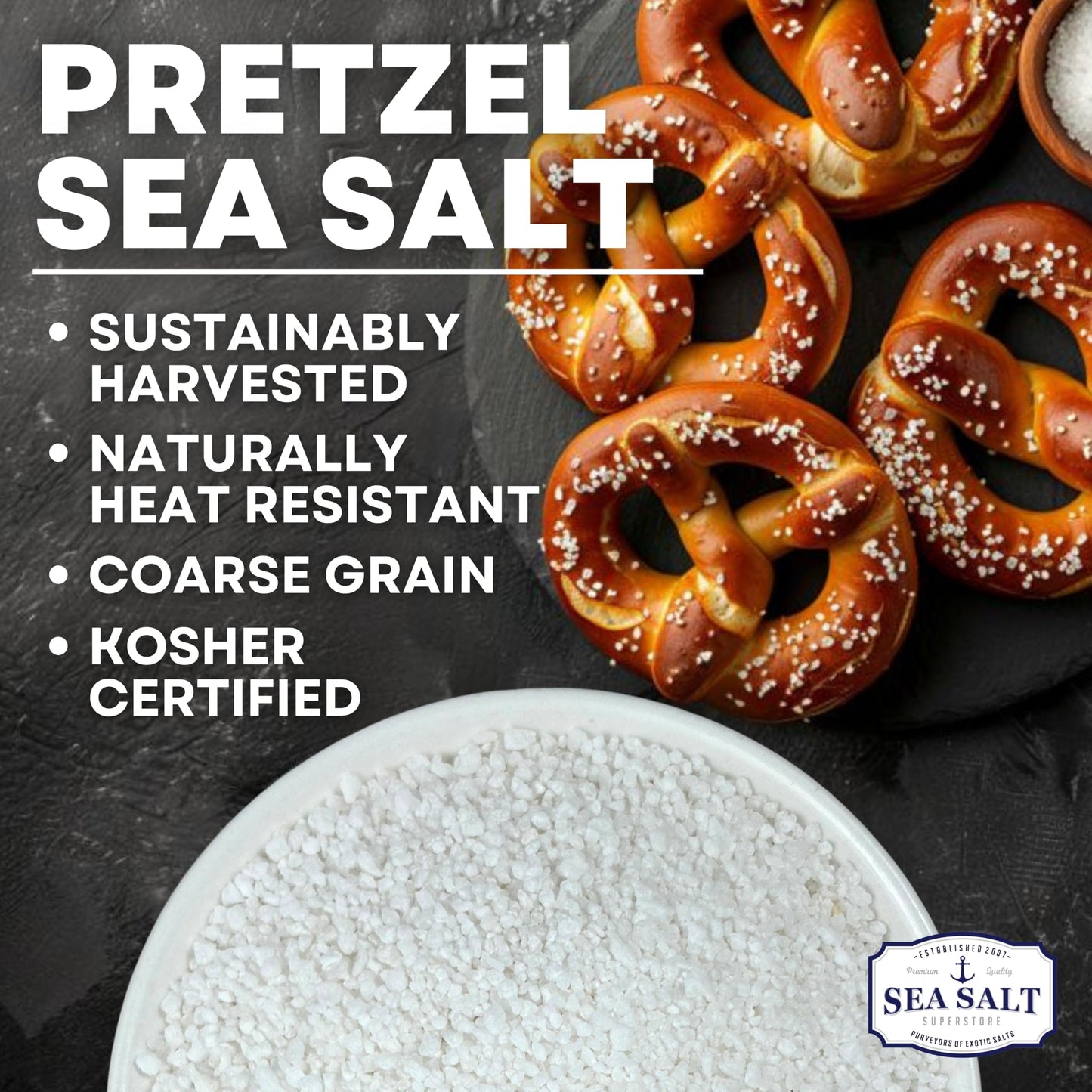 Sea Salt Superstore Pretzel Sea Salt, Coarse Sea Salt for Baking, 5 oz Heat Resistant Bagel & Soft Pretzel Salt