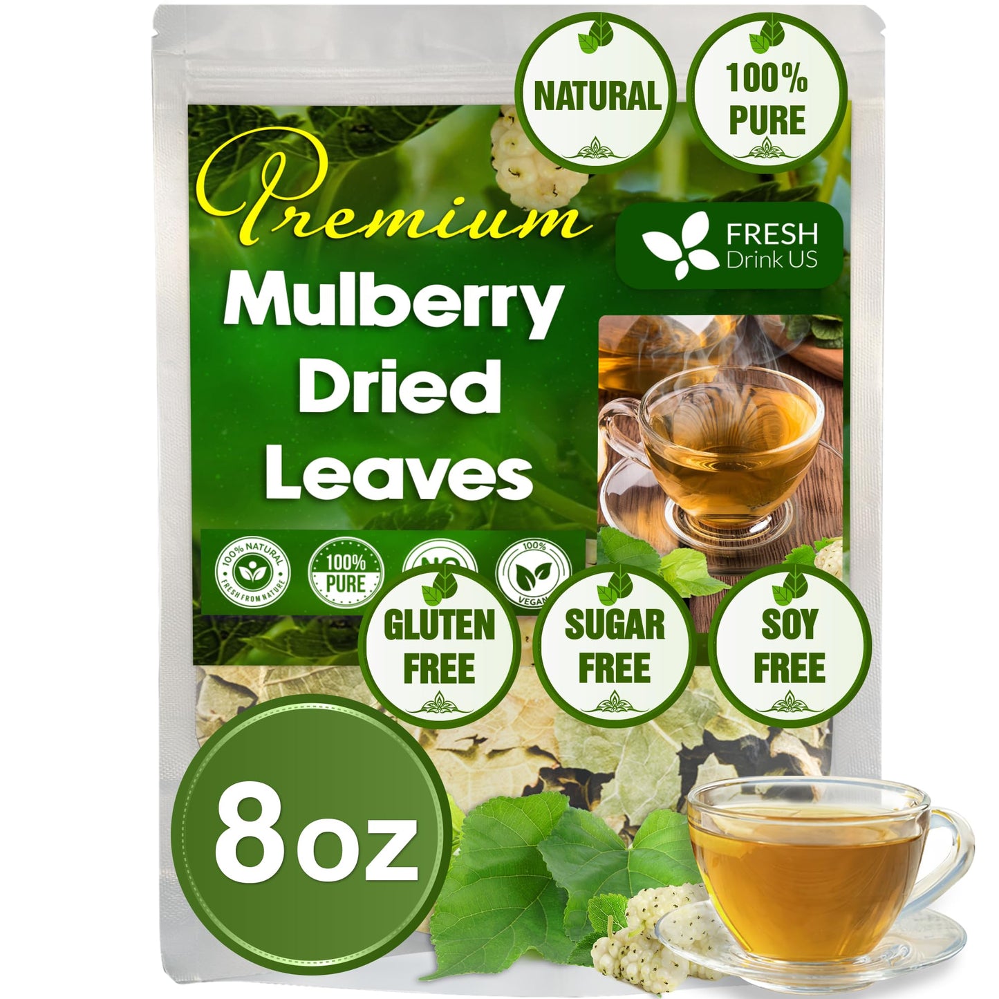 Freshdrinkus, Permium 8Oz Mulberry Leaves, 100% Natural & Pure From Mulberry Leaves, Loose Leaf Herbal Tea, No Additives, No Caffeine, Vegan
