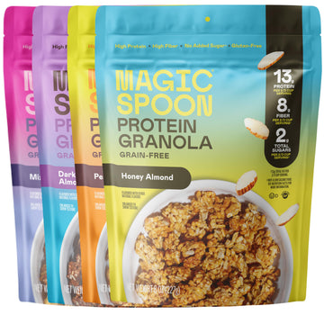 Magic Spoon Protein Granola - High Protein Granola  Keto Friendly  Low Sugar  Grain Free  Healthy Breakfast or Quick Snack (1 bag of each: Honey Almond  Dark Chocolate Almond  Peanut Butter  Mixed Berry)