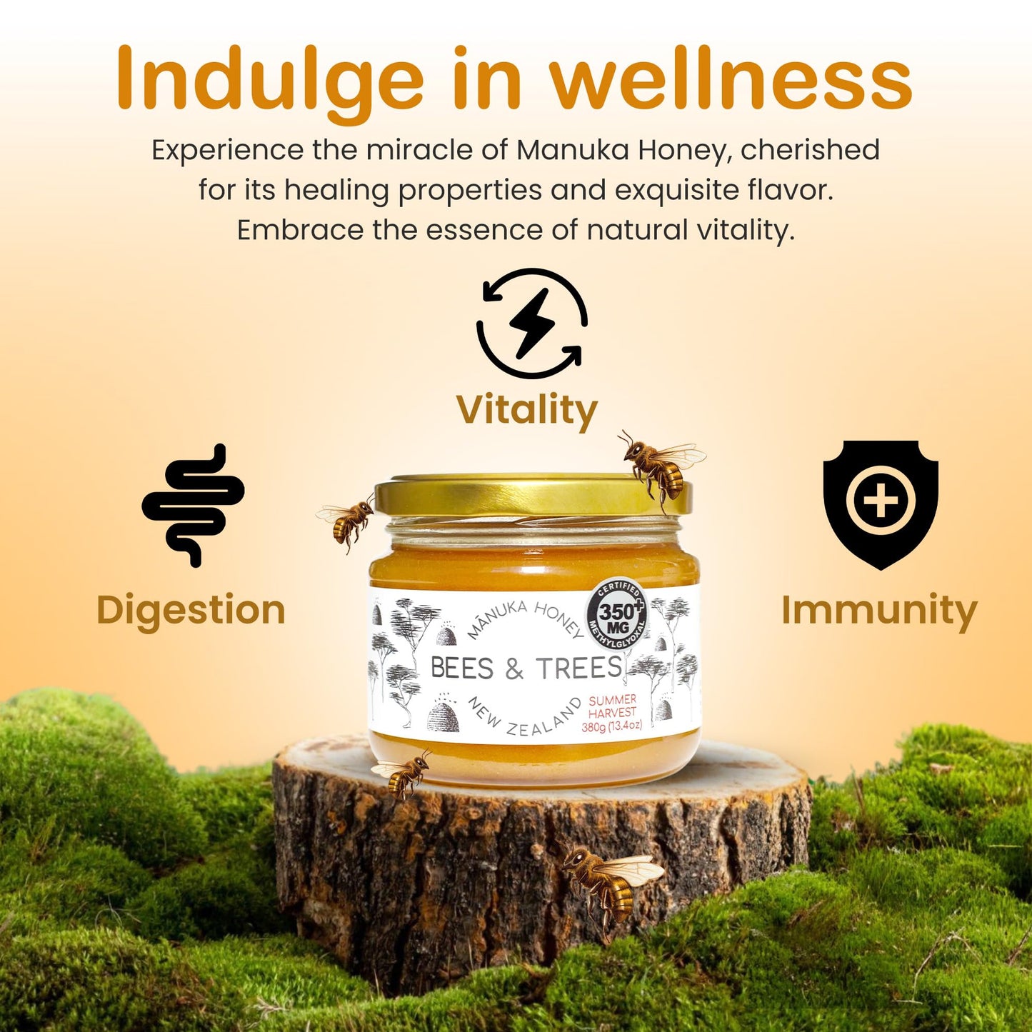 Bees & Trees Manuka Honey Medium Activity Certified 350+ Methylglyoxal - 100% Pure New Zealand Monofloral, Raw & Unpasteurized -
