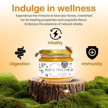 Bees & Trees Manuka Honey Medium Activity Certified 350+ Methylglyoxal - 100% Pure New Zealand Monofloral, Raw & Unpasteurized -