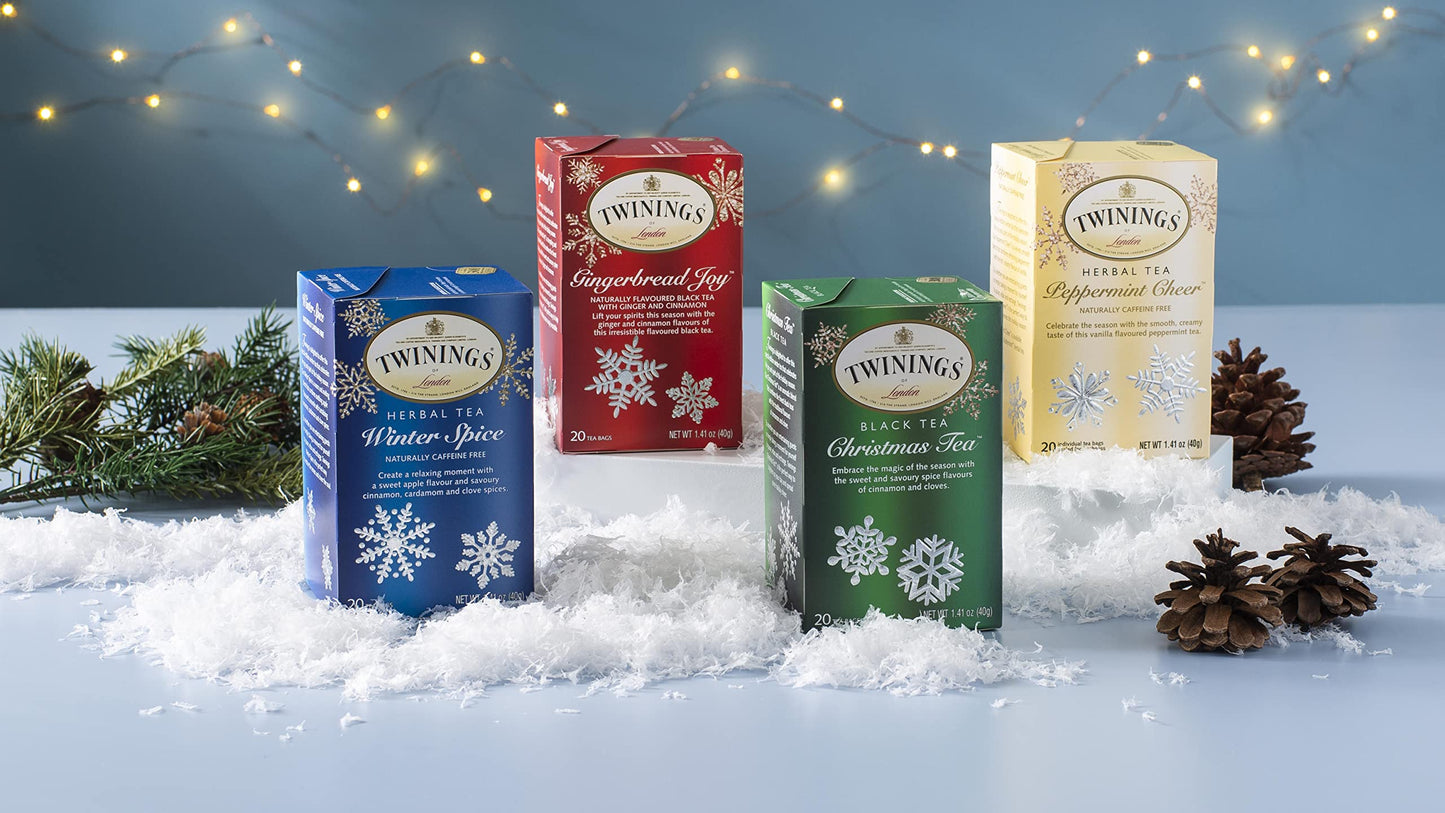 Twinings Holiday Variety Tea Bag Pack, Christmas Tea, Winter Spice, Gingerbread Joy, Peppermint Cheer, 20 Count (Pack Of 4), Enjoy Hot Or Iced