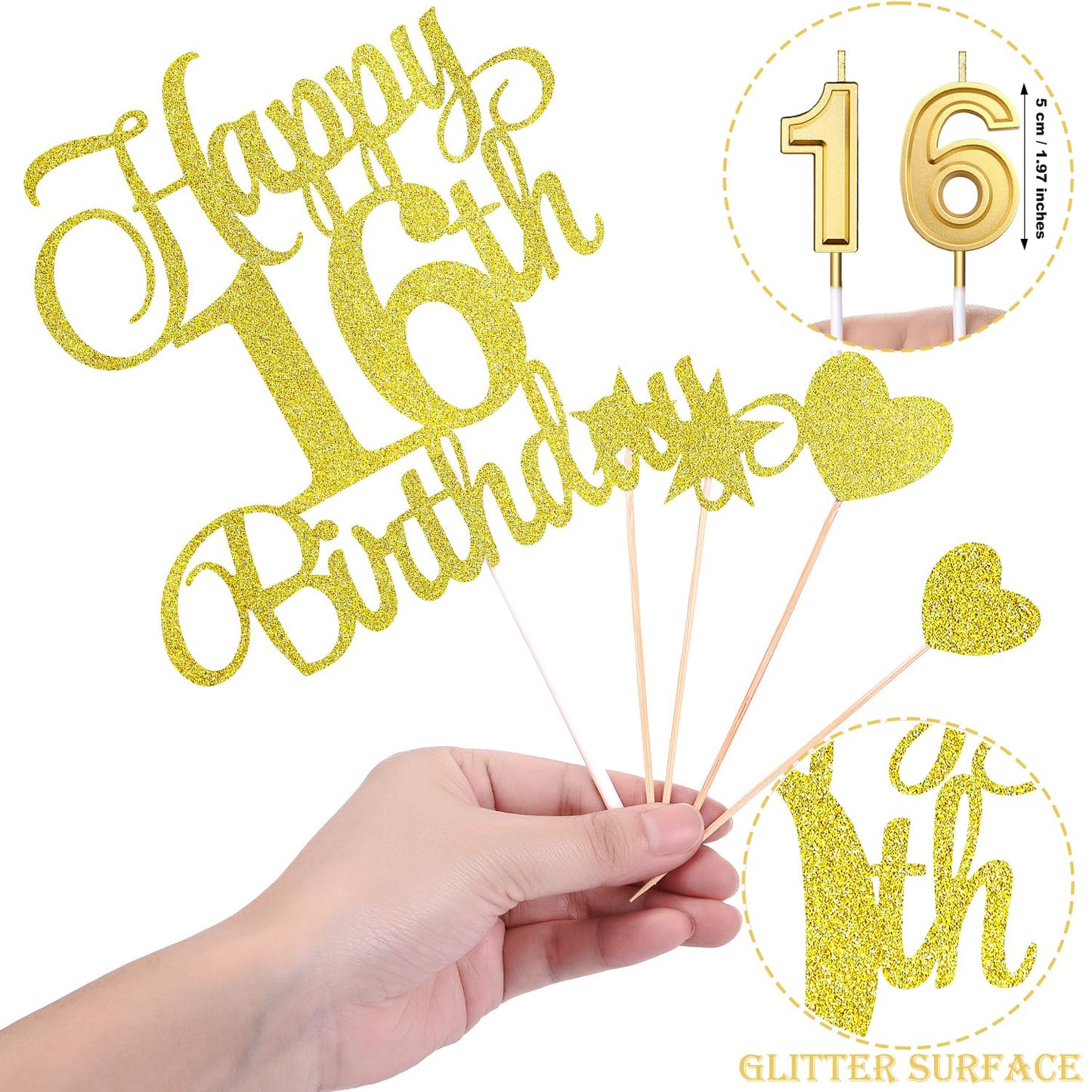HOGRTi 16th Birthday Cake Decorations Set, Gold Series, Includes Cake Candles and Toppers for Birthday Party