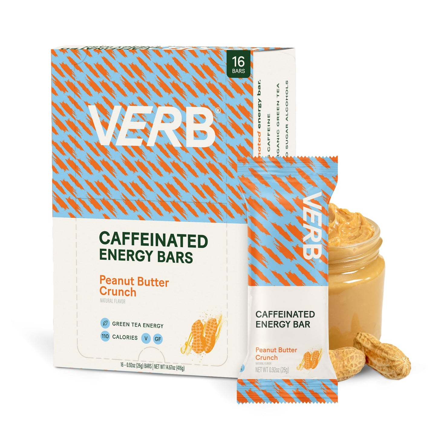 Verb Caffeinated Energy Bars Peanut Butter Cookie (26G, Pack Of 16) 110-Calorie Delicious Energy Bar - Vegan Gluten Free On-The Go Snack With 80Mg Green Tea Caffeine, Only Real-Food Ingredients
