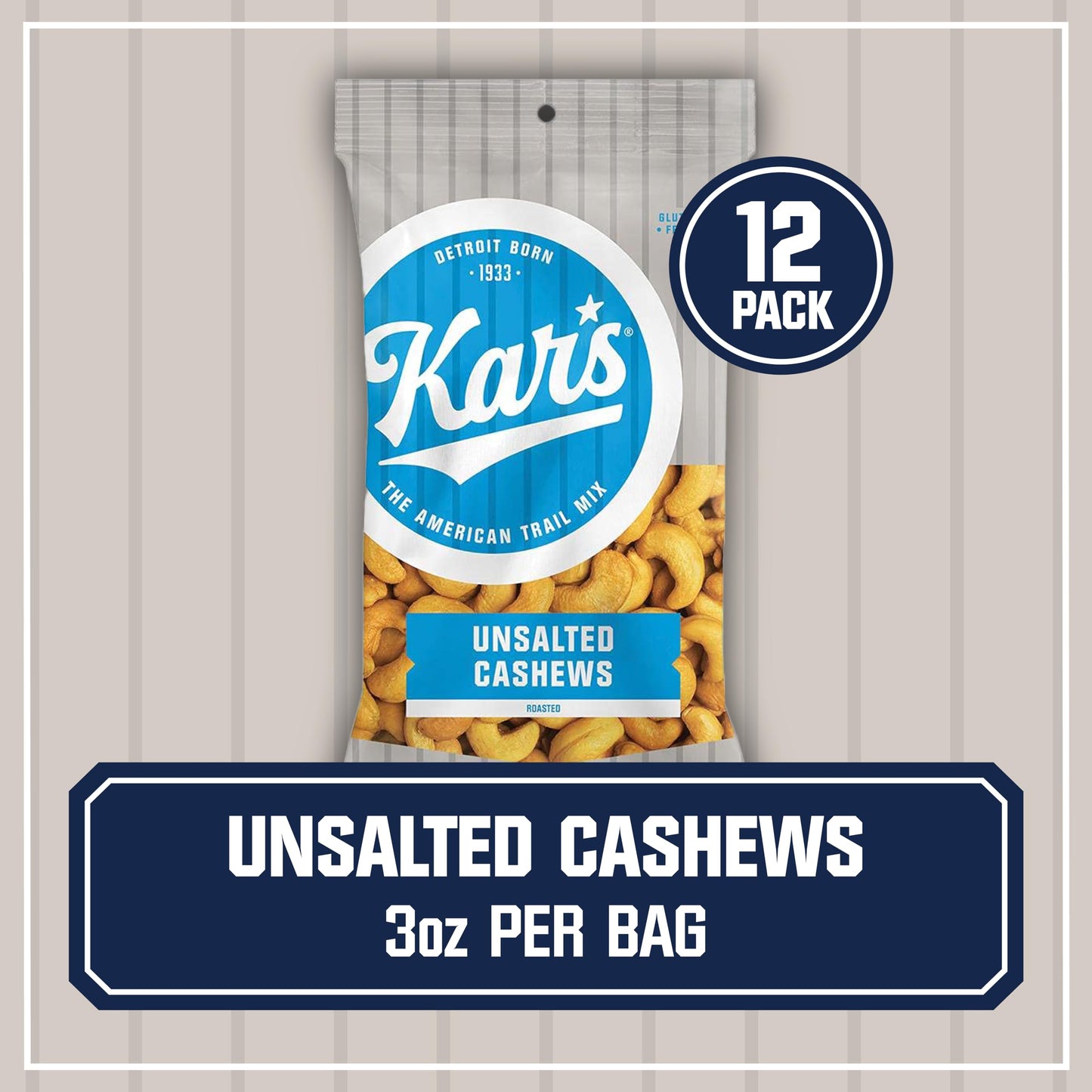 Kars Nuts Unsalted Cashews, 3 oz Individual Snack Packs - Bulk Pack of 12, Gluten-Free Snack Mix