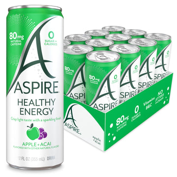 Aspire Healthy Energy Drink, Sugar Free, Sparkling, 12 Fl Oz (Pack of 12), Apple Acai, Vegan, Gluten-Free, Kosher