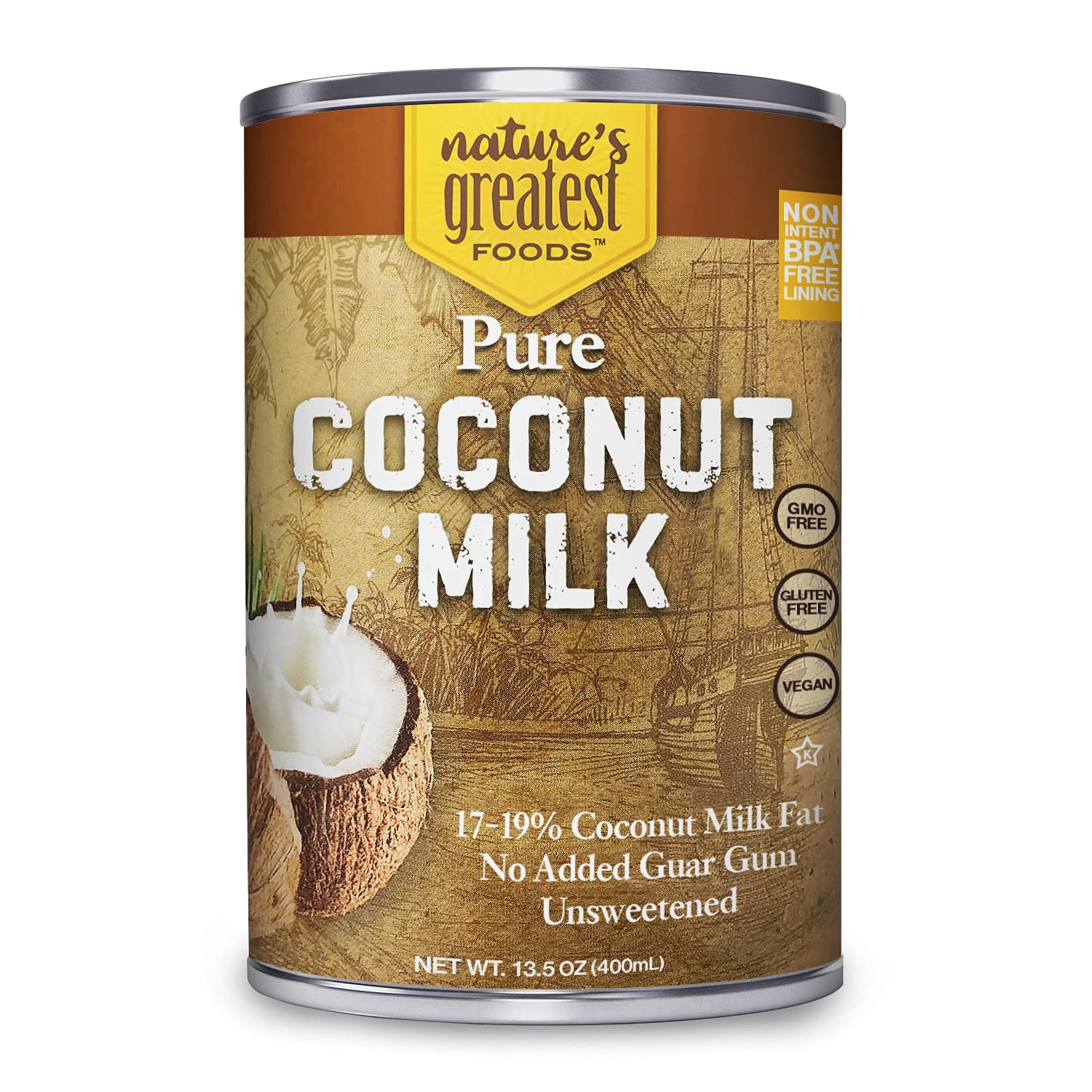 Natures Greatest Foods Pure Coconut Milk - No Guar Gum, No Additives, Non-GMO, BPA-Free, Vegan, Gluten-Free and Kosher, 17-19% C