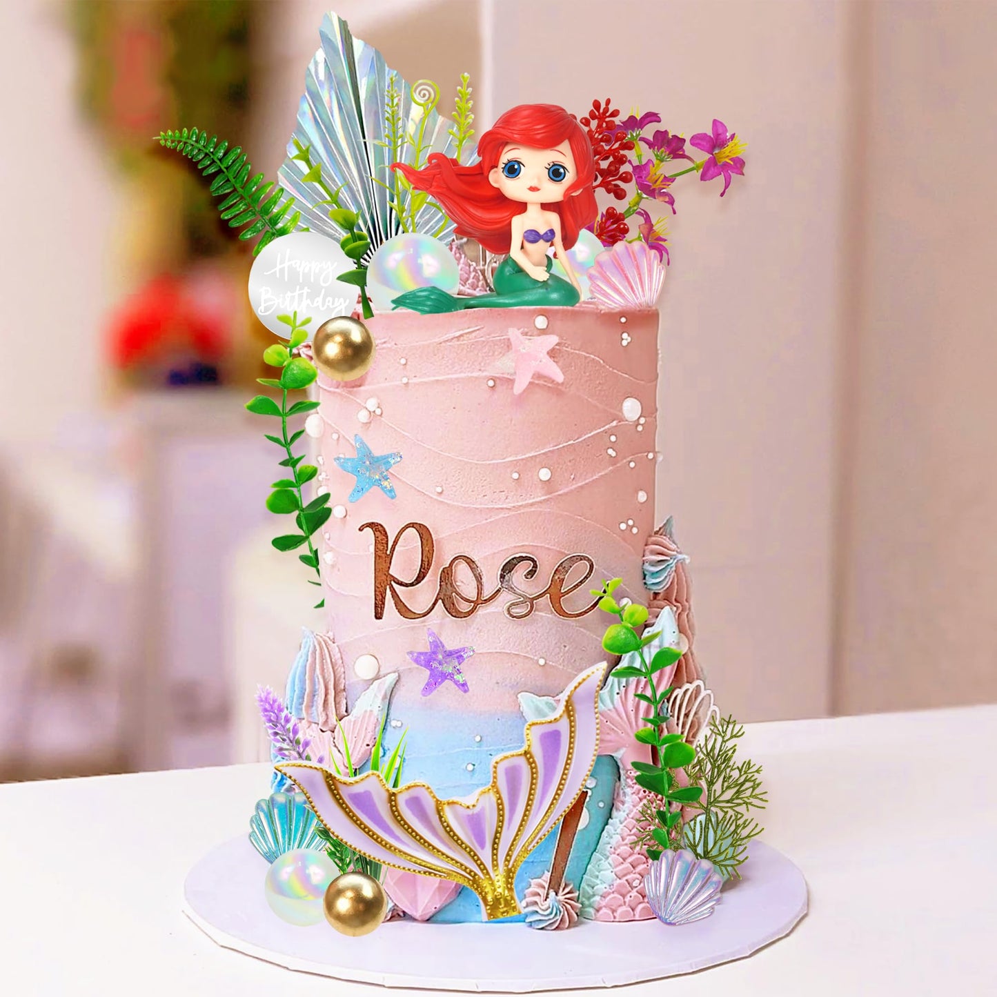 Mermaid Cake Toppers Under The Sea Mermaid Tail Cake Decorations Artificial Water Plants With Pearl Ball For Girl Kid Birthday P