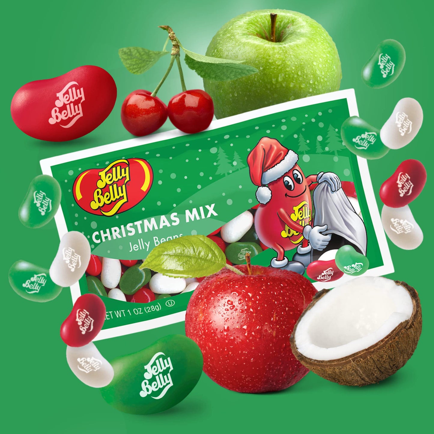 Needzo Christmas Mix Jelly Beans, Very Cherry, Green Apple, Coconut, 1 Ounce Packets, Multi-Color, Pack of 6