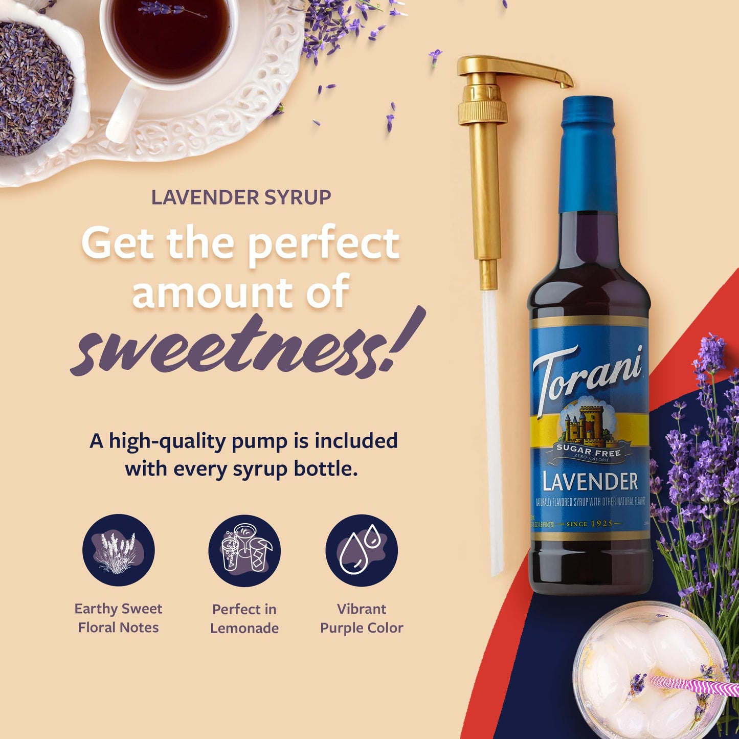 Torani Sugar Free Syrup  Lavender Flavoring for Drinks  Zero Calorie  Pump Included  25.4 Fl Oz