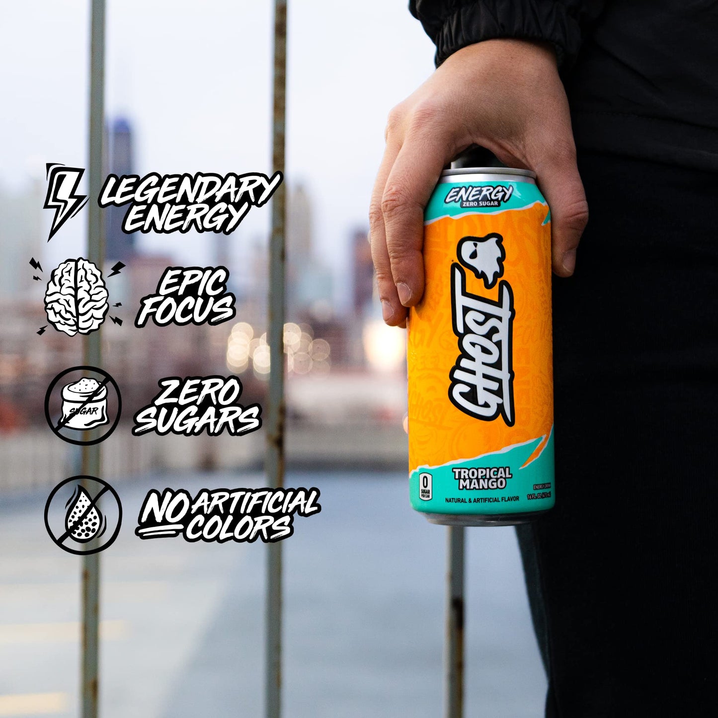 GHOST Energy Drink - 12-Pack  Tropical Mango  16oz Cans - Energy & Focus & No Artificial Colors - 200mg of Natural Caffeine  L-Carnitine & Taurine - Gluten-Free & Vegan