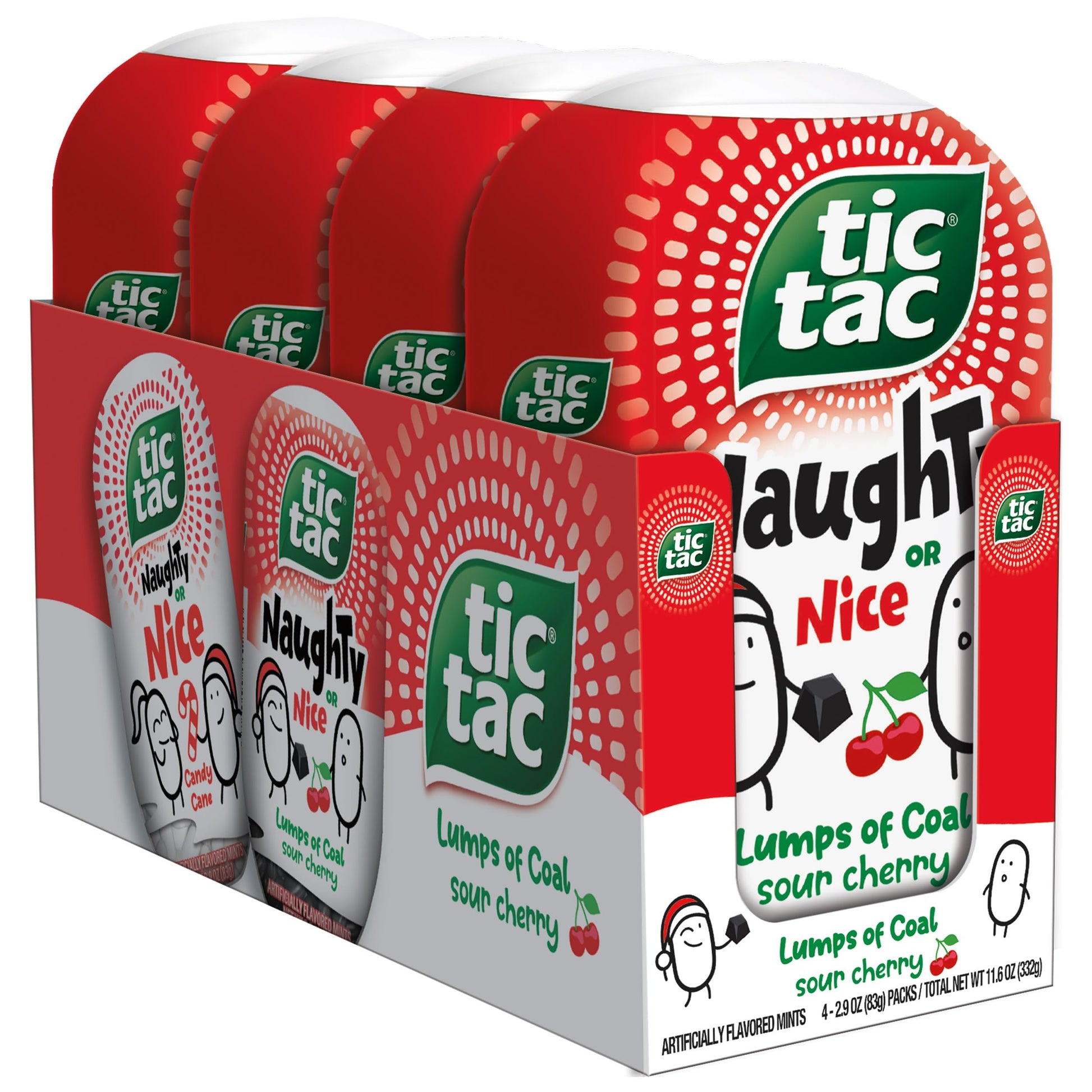 Tic Tac Naughty or Nice Lumps of Coal Sour Cherry Mints, 4 Bottle Packs, On-the-Go Refreshment, Stocking Stuffers, 2.9 oz Each
