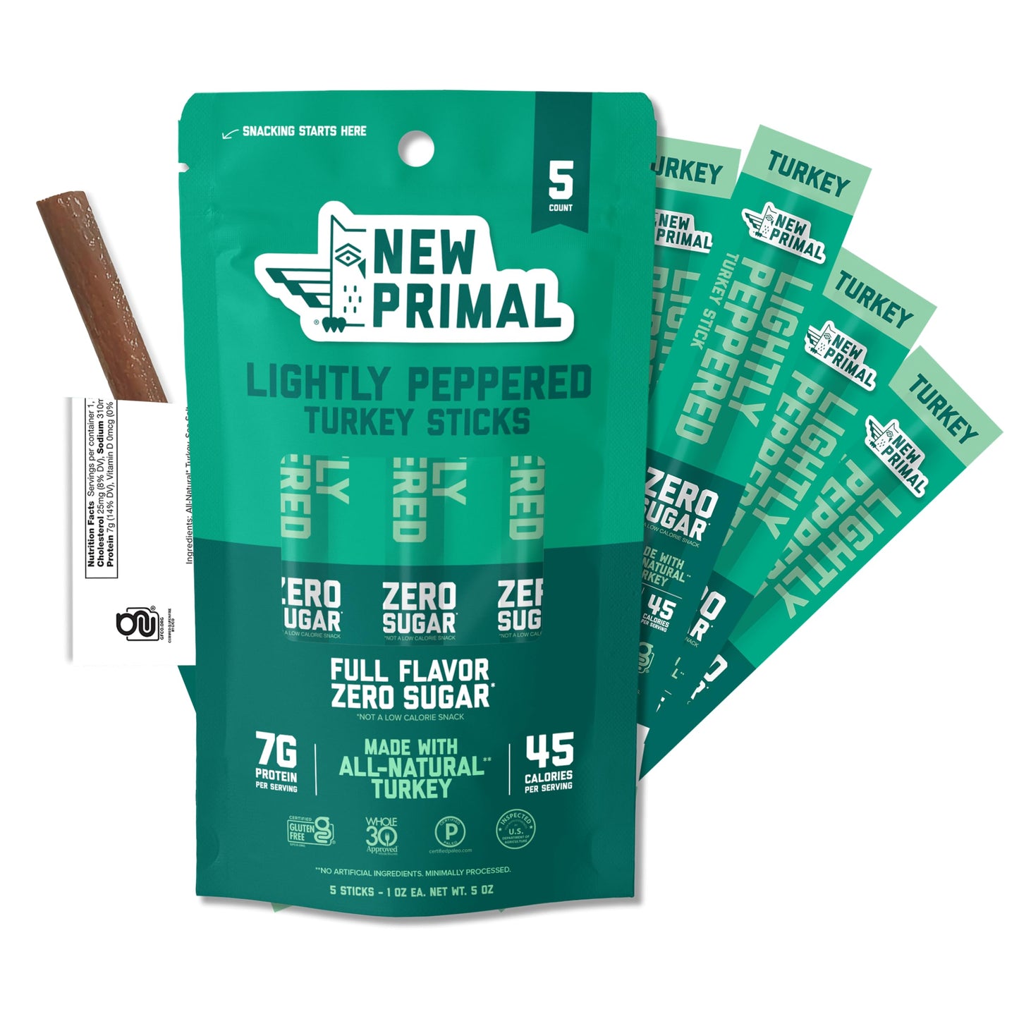 New Primal Lightly Peppered Turkey Sticks, Keto & Gluten Free Healthy Snacks for Adults, Sugar Free Low Carb High Protein Snack,