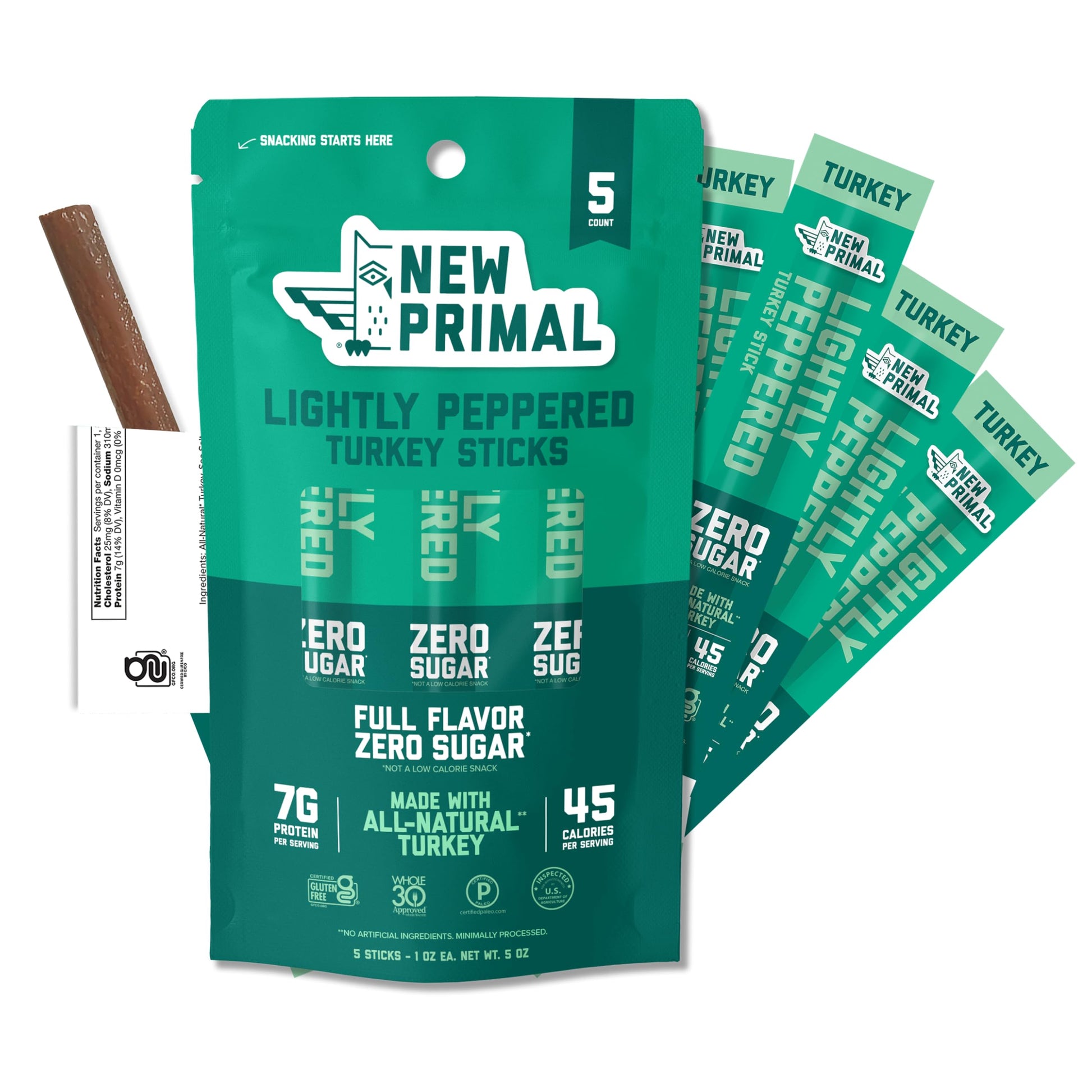New Primal Lightly Peppered Turkey Sticks, Keto & Gluten Free Healthy Snacks for Adults, Sugar Free Low Carb High Protein Snack,