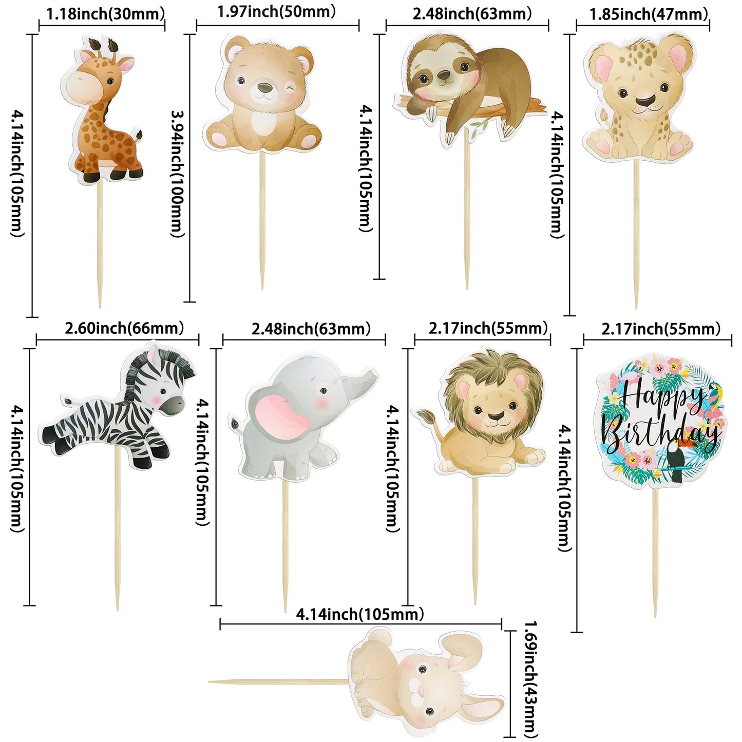 Gyufise 36Pcs Safari Animals Cupcake Toppers Jungle Animals Cupcake Picks Elephant Giraffe Lion Hippo Monkey Zebra Leaf Cake Dec