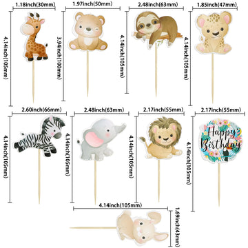 Gyufise 36Pcs Safari Animals Cupcake Toppers Jungle Animals Cupcake Picks Elephant Giraffe Lion Hippo Monkey Zebra Leaf Cake Dec