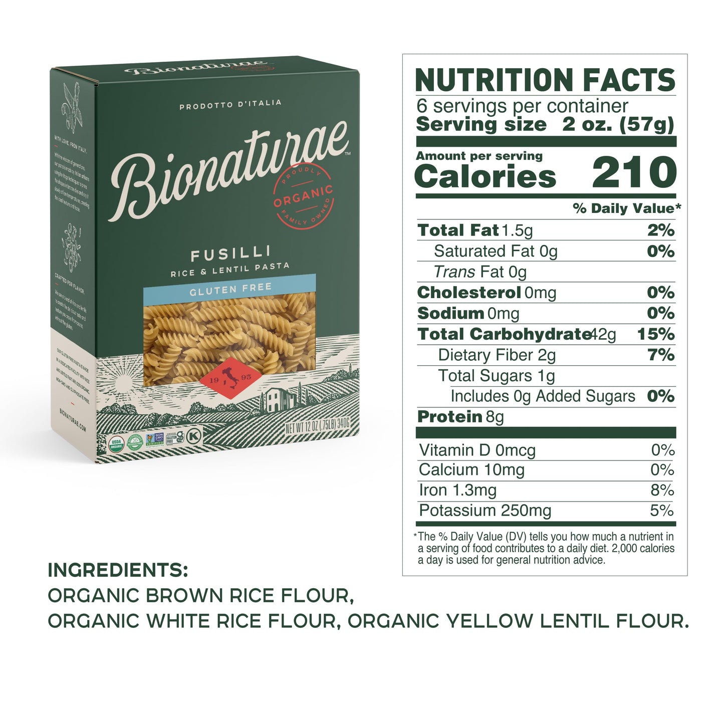 Bionaturae Fusilli Pasta Noodles - Gluten Free Pasta Organic, Rice & Lentil Pasta, Kosher Certified, High Protein, Non-GMO, Fusi