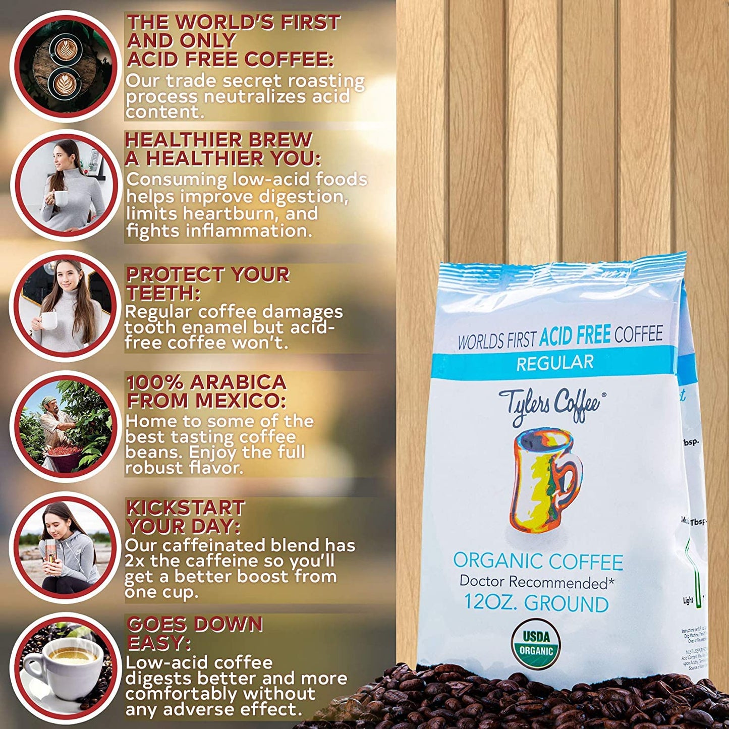 TYLERS COFFEE Organic Ground Coffee - 100% Arabica - Whole Bean - 12 oz (Pack of 2) - Acid Free, No Bitter Aftertaste