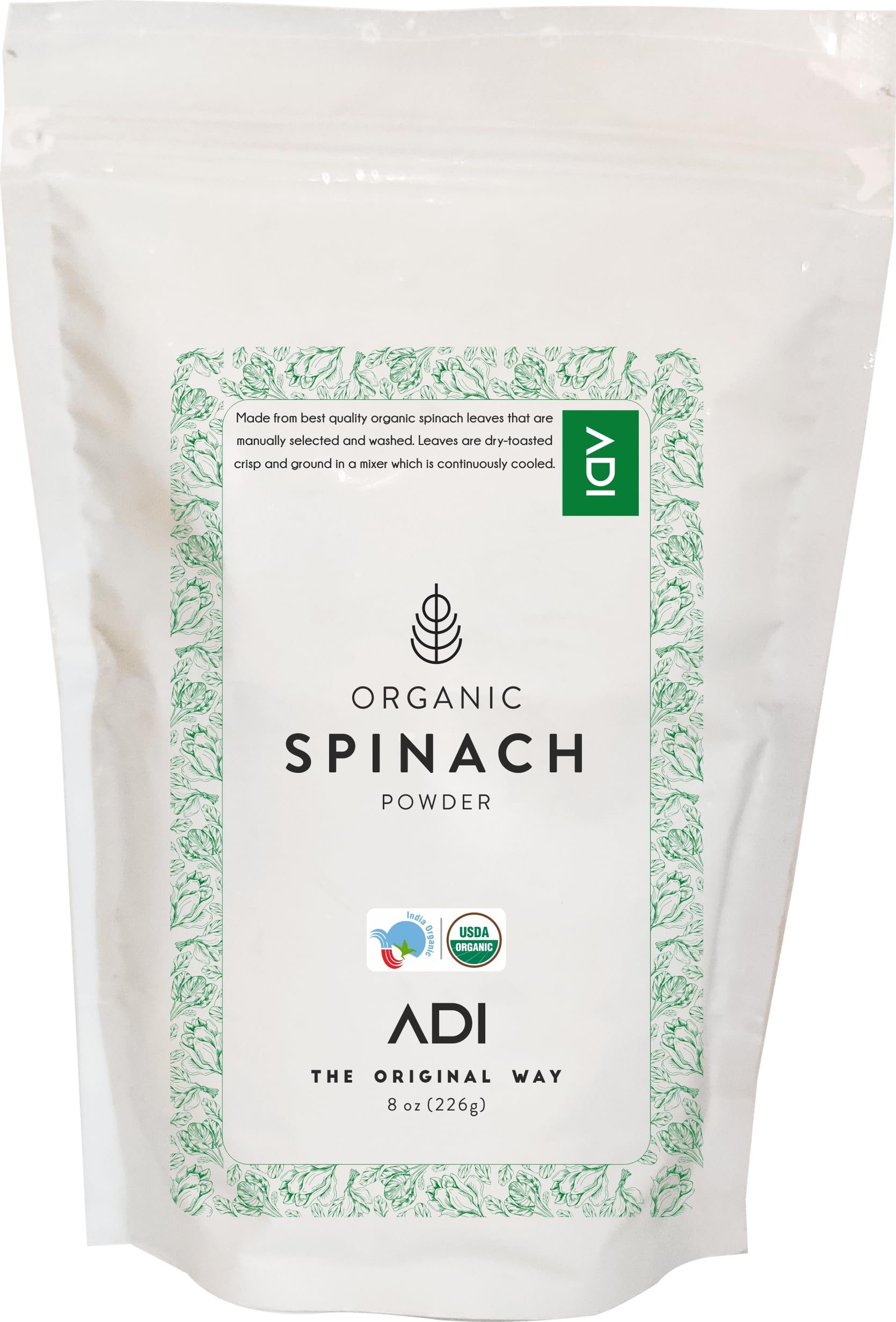 ADI USDA Certified Organic Spinach Powder 8oz, Fresh Green Powder for Energy & Detox