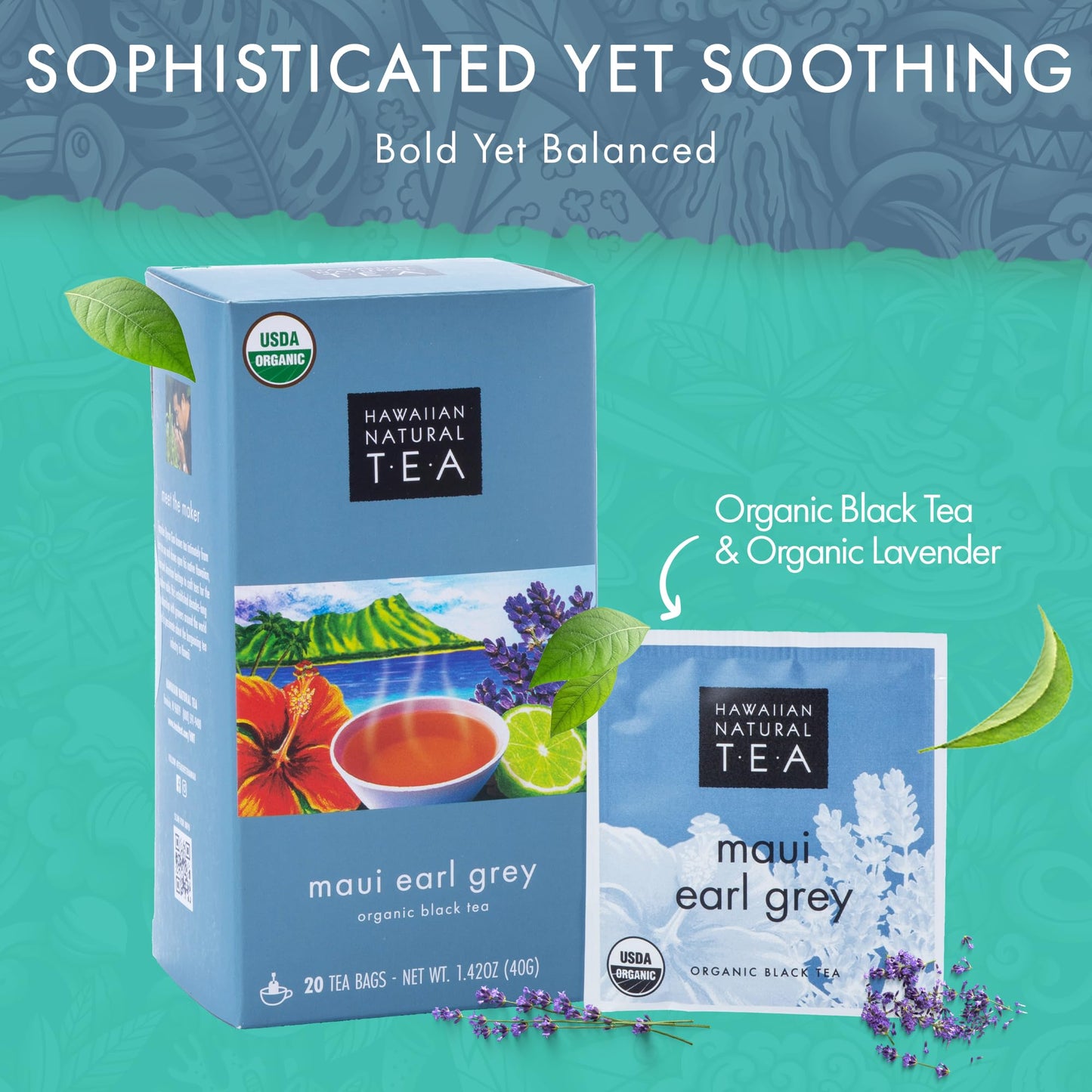 HAWAIIAN NATURAL T·E·A Organic Maui Lavender Earl Grey Tea Bags - Premium Black Tea, Antioxidant Rich, 20 Count