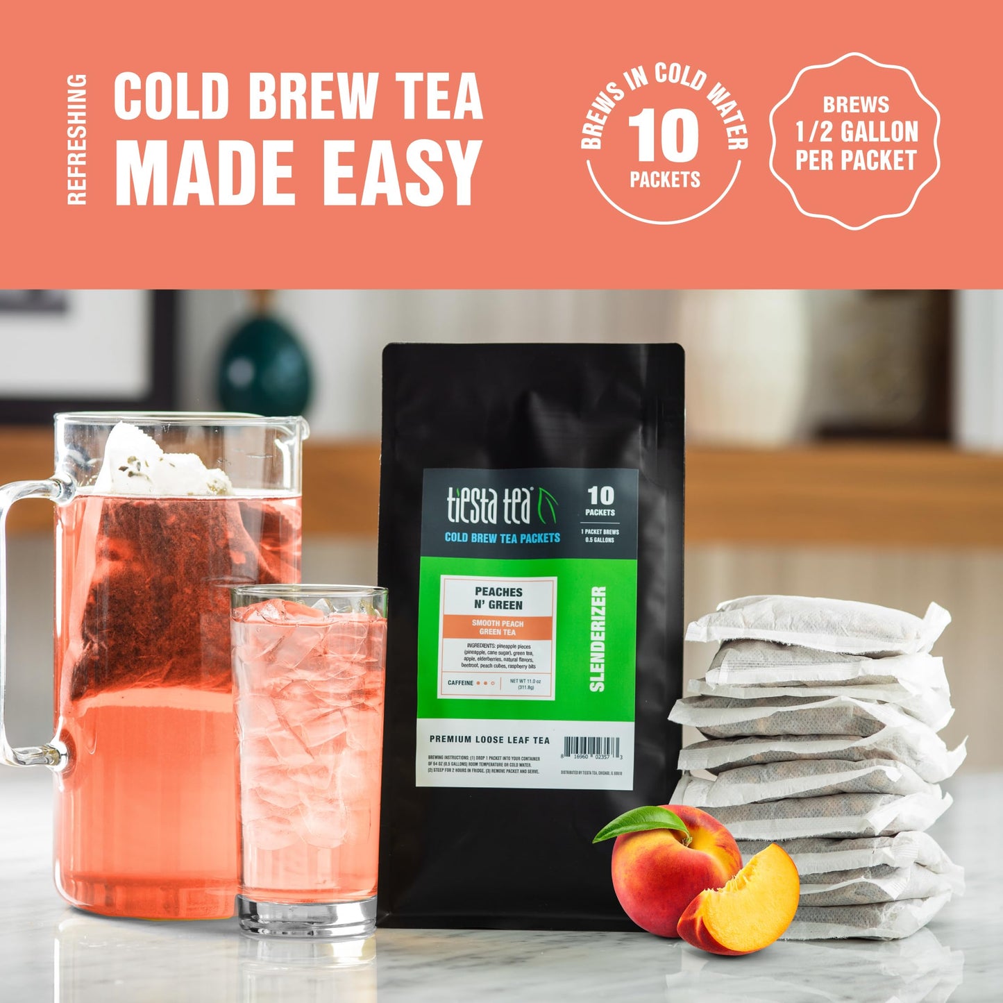 Tiesta Tea Peaches N Green Cold Brew Tea - Premium Loose Leaf - Medium Caffeinated - 2qt Pitcher Packs (Pack of 10)