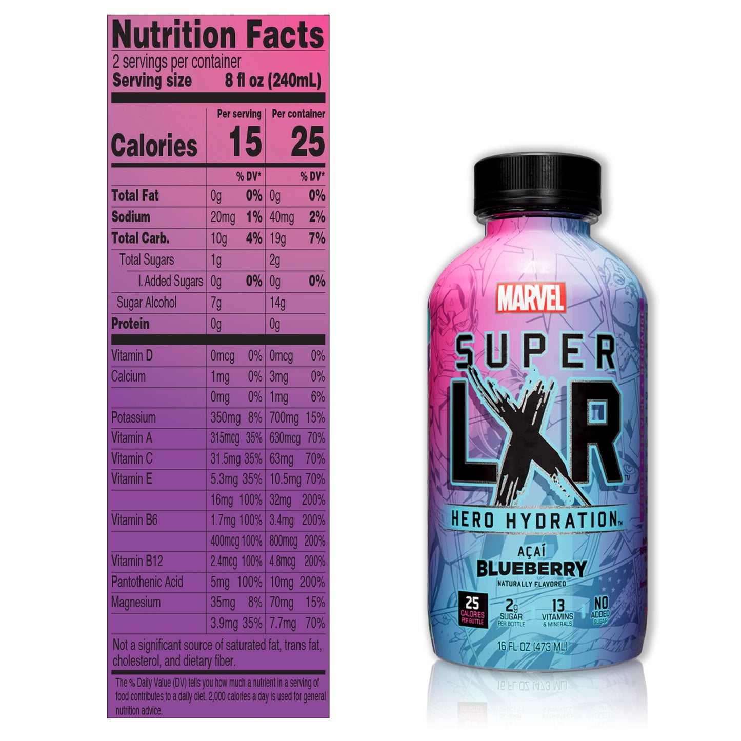 AriZona x Marvel Super LXR Hero Hydration - Acai Blueberry - 16oz (Pack of 12) - Low Sugar Sports Drink, Perfect for Athletes, V