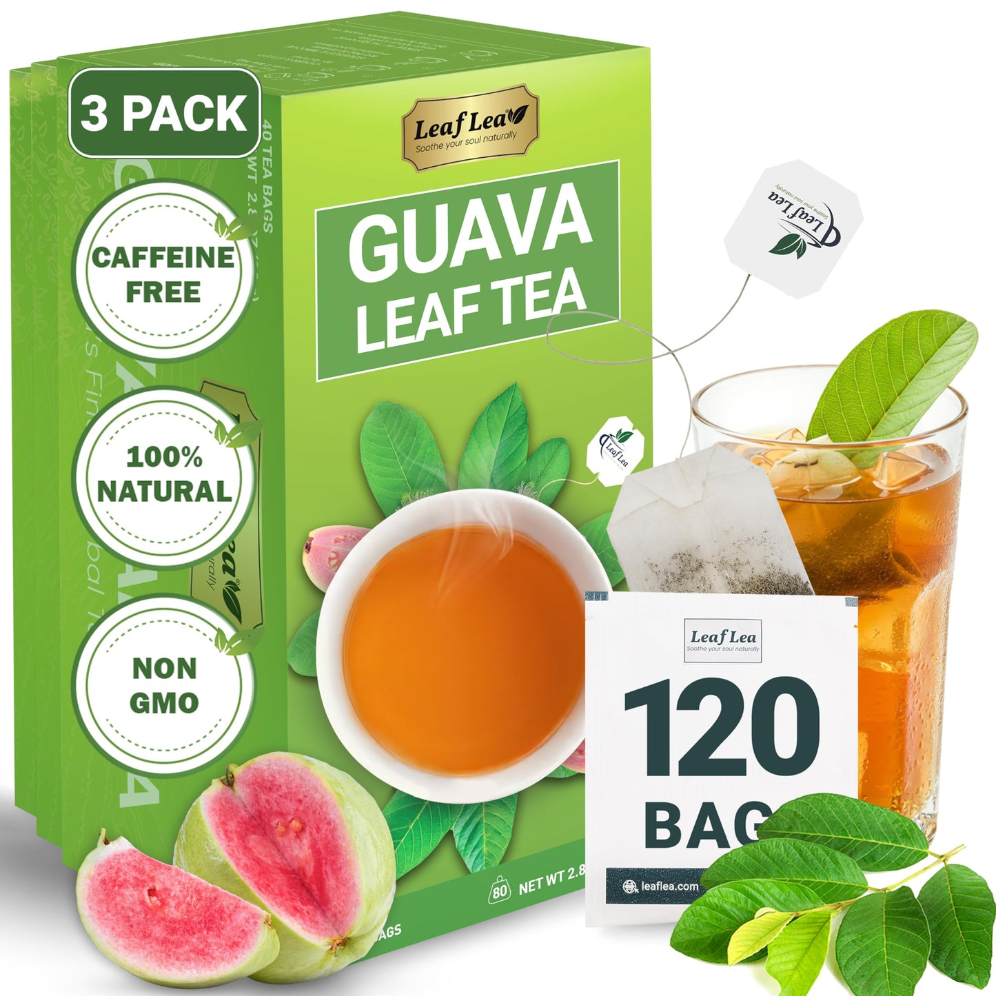 LeafLea Guava Leaf Tea Bags, Caffeine-Free Herbal Tea, 120 Bags, Non-GMO, Supports Digestion & Immune Health