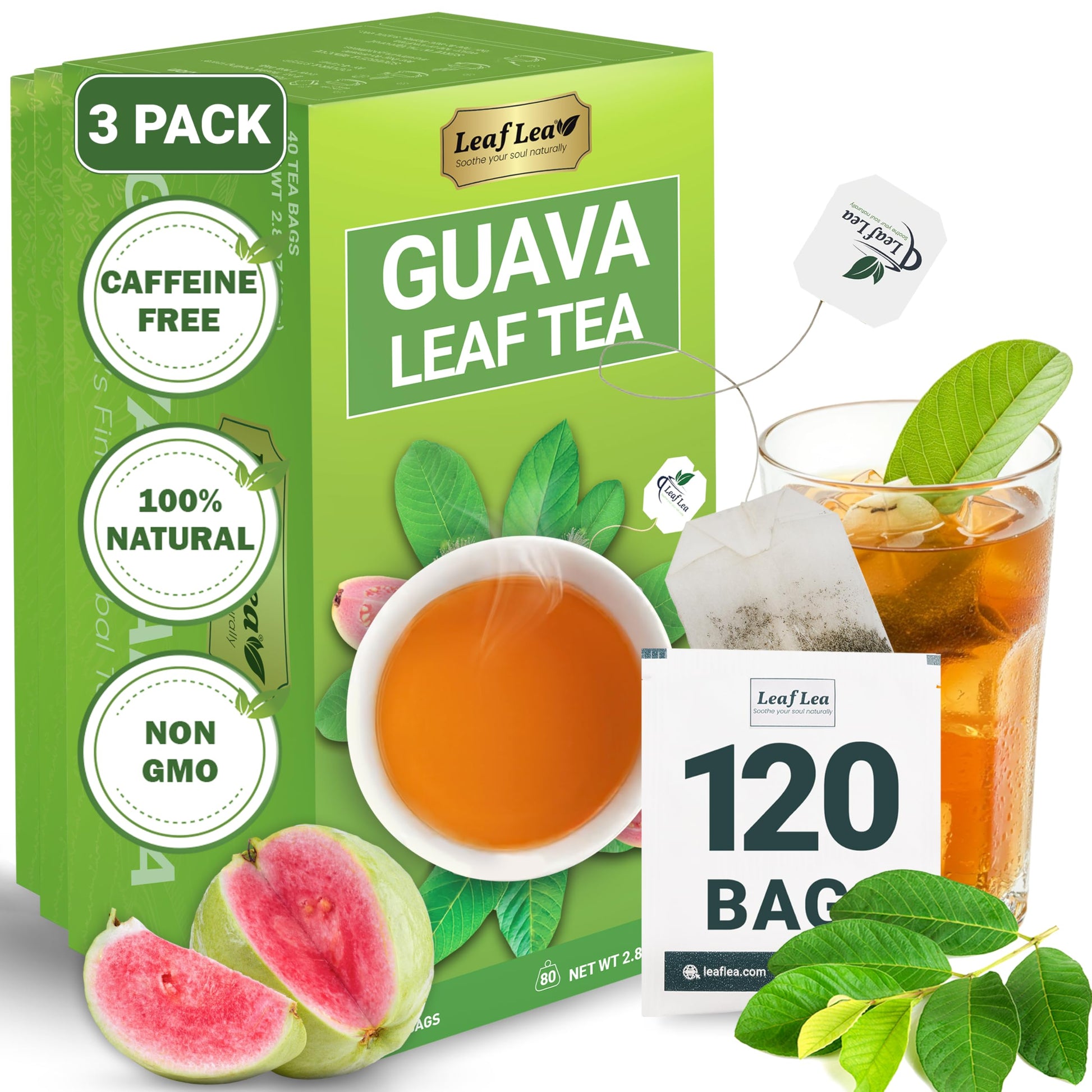 LeafLea Guava Leaf Tea Bags, Caffeine-Free Herbal Tea, 120 Bags, Non-GMO, Supports Digestion & Immune Health