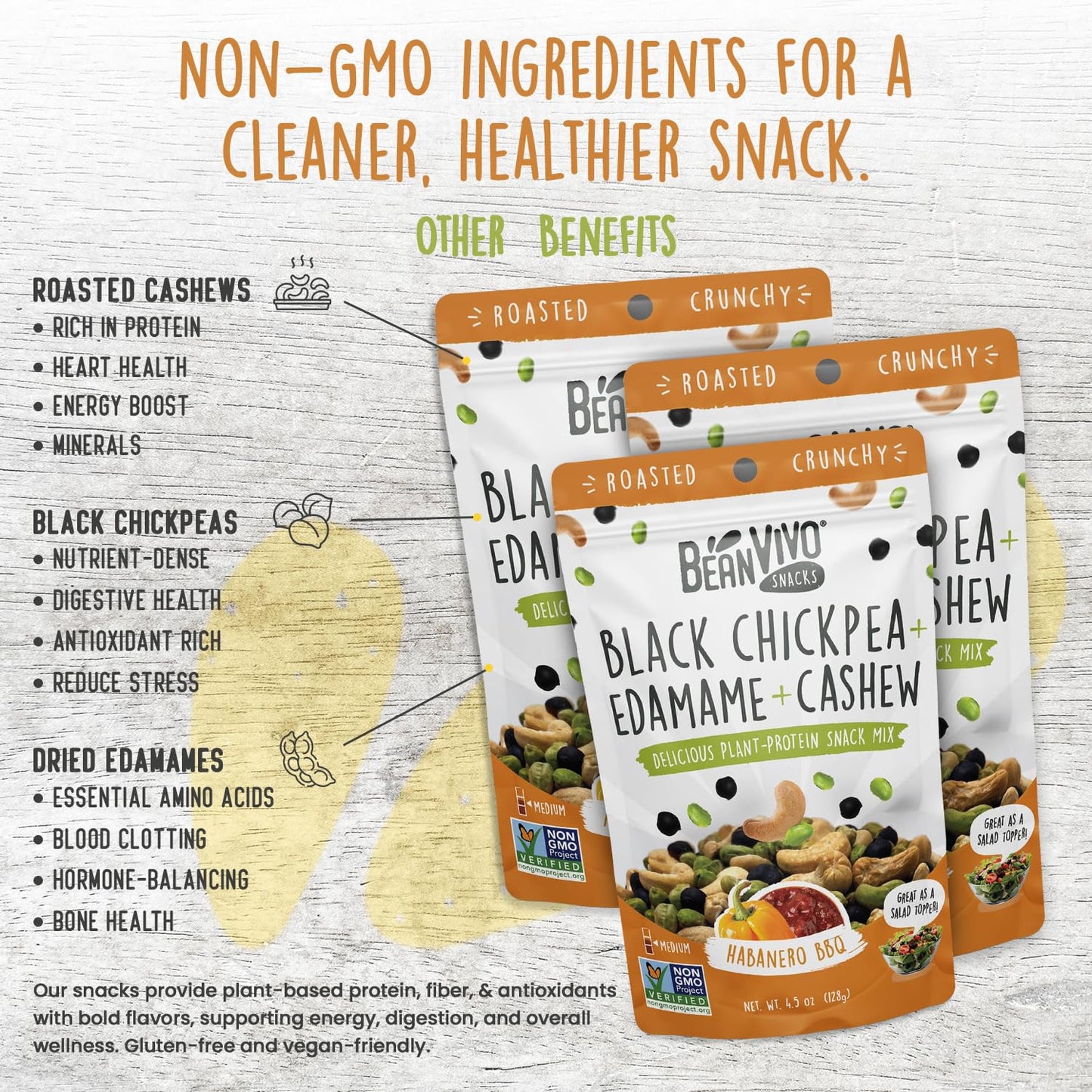 BeanVIVO Plant Based Protein Snacks - (7 Gram Protein) Habanero BBQ Flavor with Dried Edamame, Roasted Cashew and Chickpeas - No