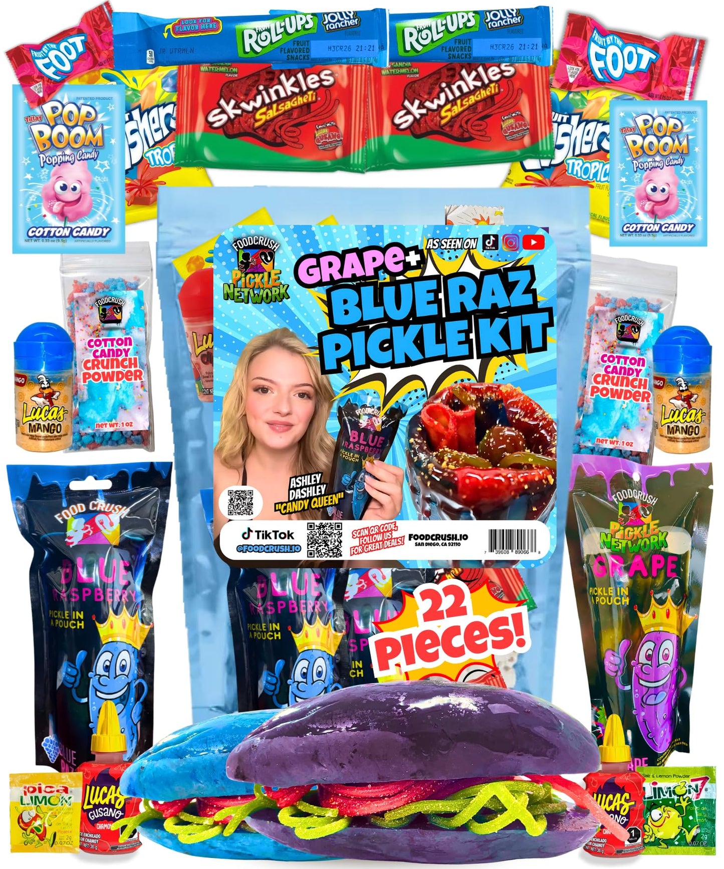 Ashley Dashleys-Blue Raspberry + Grape Pickle Kit -Gift Pouch-1 Blue Raz + 1 Grape Pickles W/Skwinkles, Crunch Powder, Fruit Roll Ups-Tiktok Trend Items By Food Crush