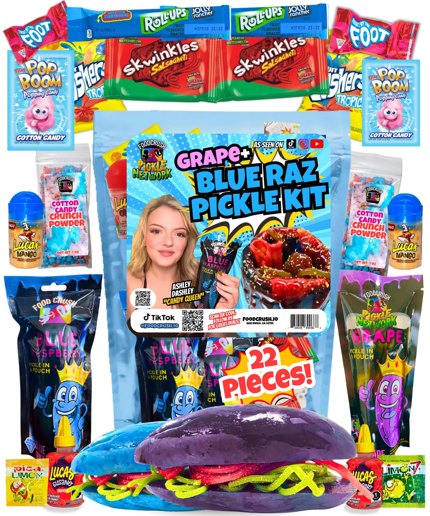 Ashley Dashleys-Blue Raspberry + Grape Pickle Kit -Gift Pouch-1 Blue Raz + 1 Grape Pickles W/Skwinkles, Crunch Powder, Fruit Roll Ups-Tiktok Trend Items By Food Crush