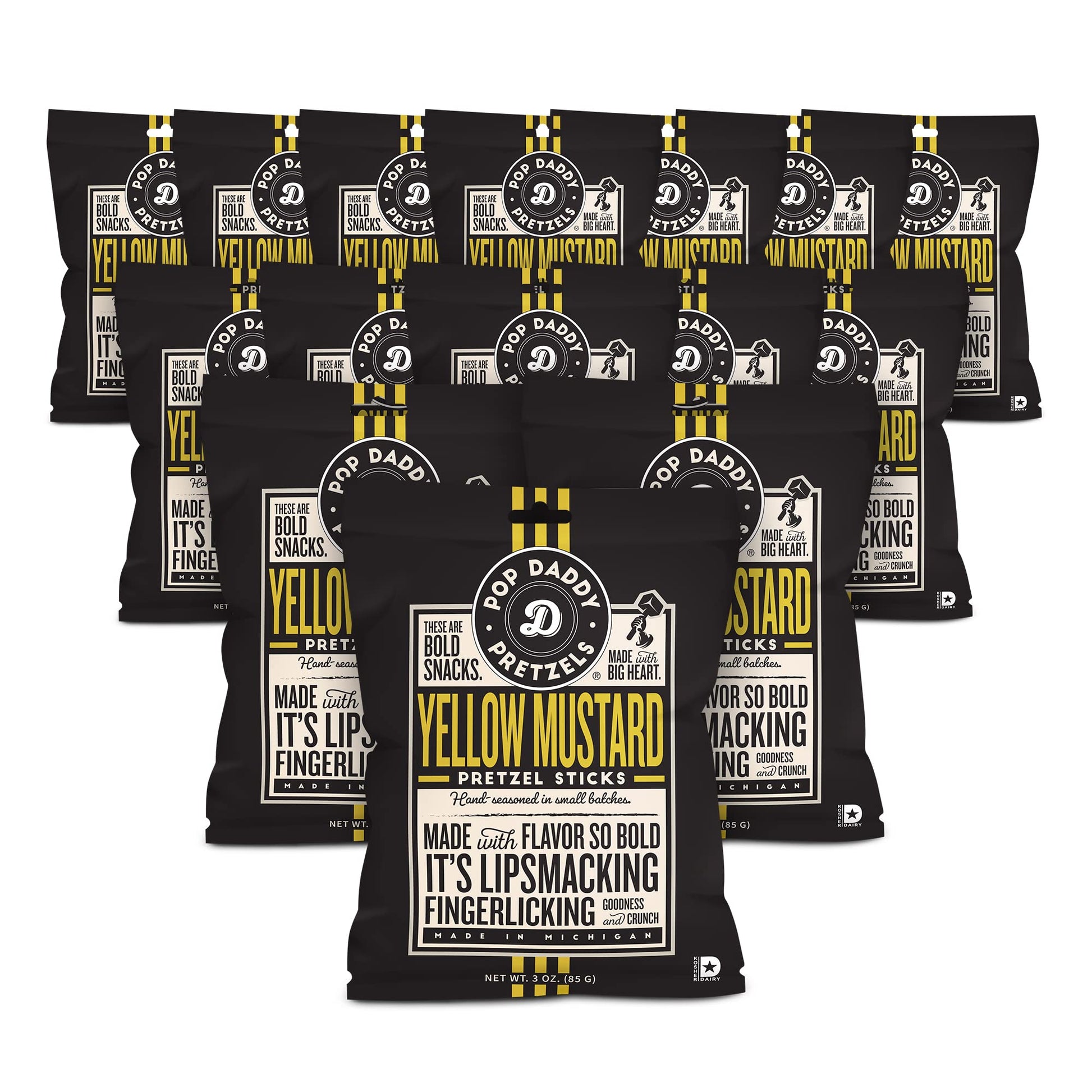 Pop Daddy Flavored Pretzels Sticks | Yellow Mustard Flavor | 3oz Healthy Gourmet Pretzels Snacks | 15 Pack