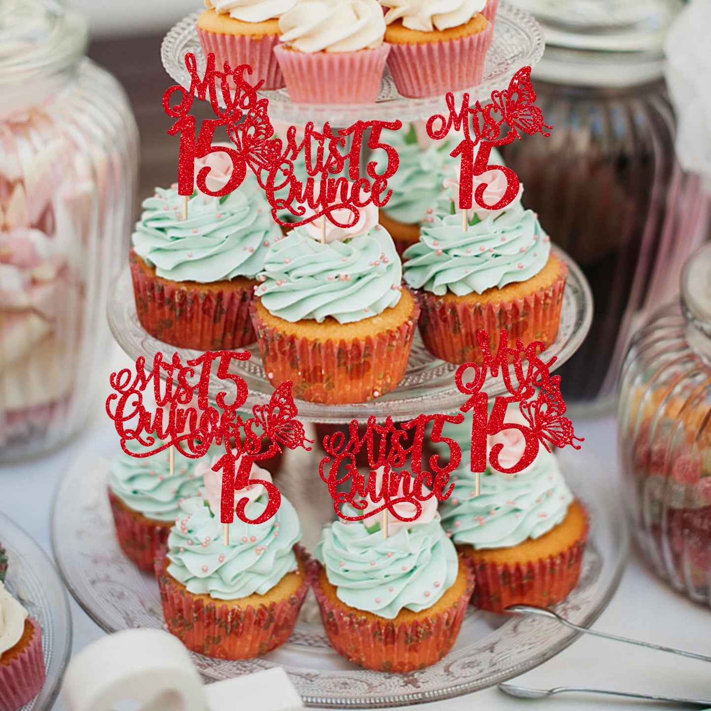 Rssta i Cupcake Toppers 24 Pack Glitter Quinceañera Decorations Red