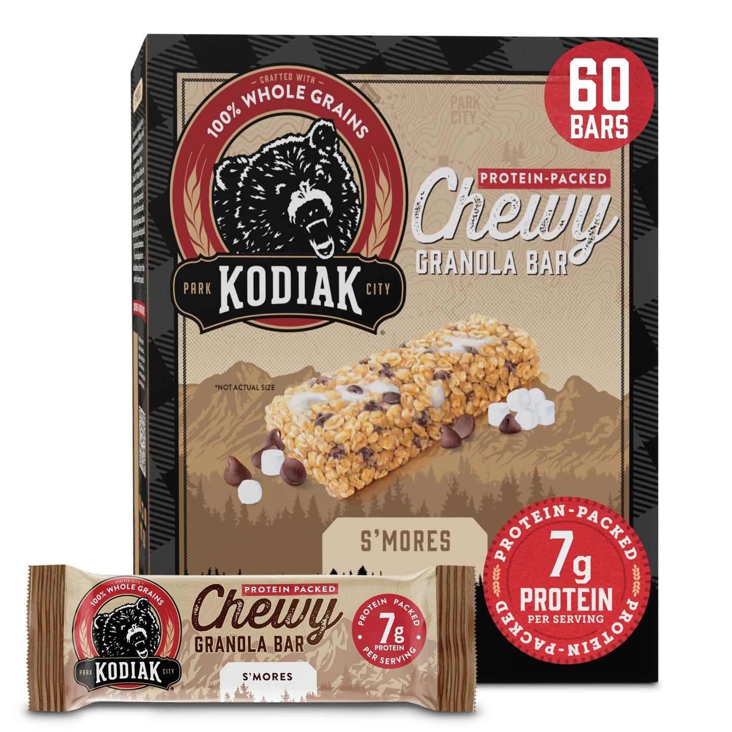 Kodiak Cakes Chewy Granola Snack Bars, S mores, High Protein, 100% Whole Grains, 12 boxes with 5 bars each (60 bars total)
